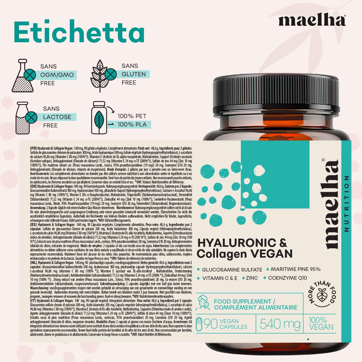 Acido Ialuronico e Collagene VEGANO | Integratore collagene vegano con acido ialuronico | Formula Concentrata con Vitamina C & E, Zinco, Coenzima Q10 e Pino Marittimo | 90 Capsule | 100% Naturale
