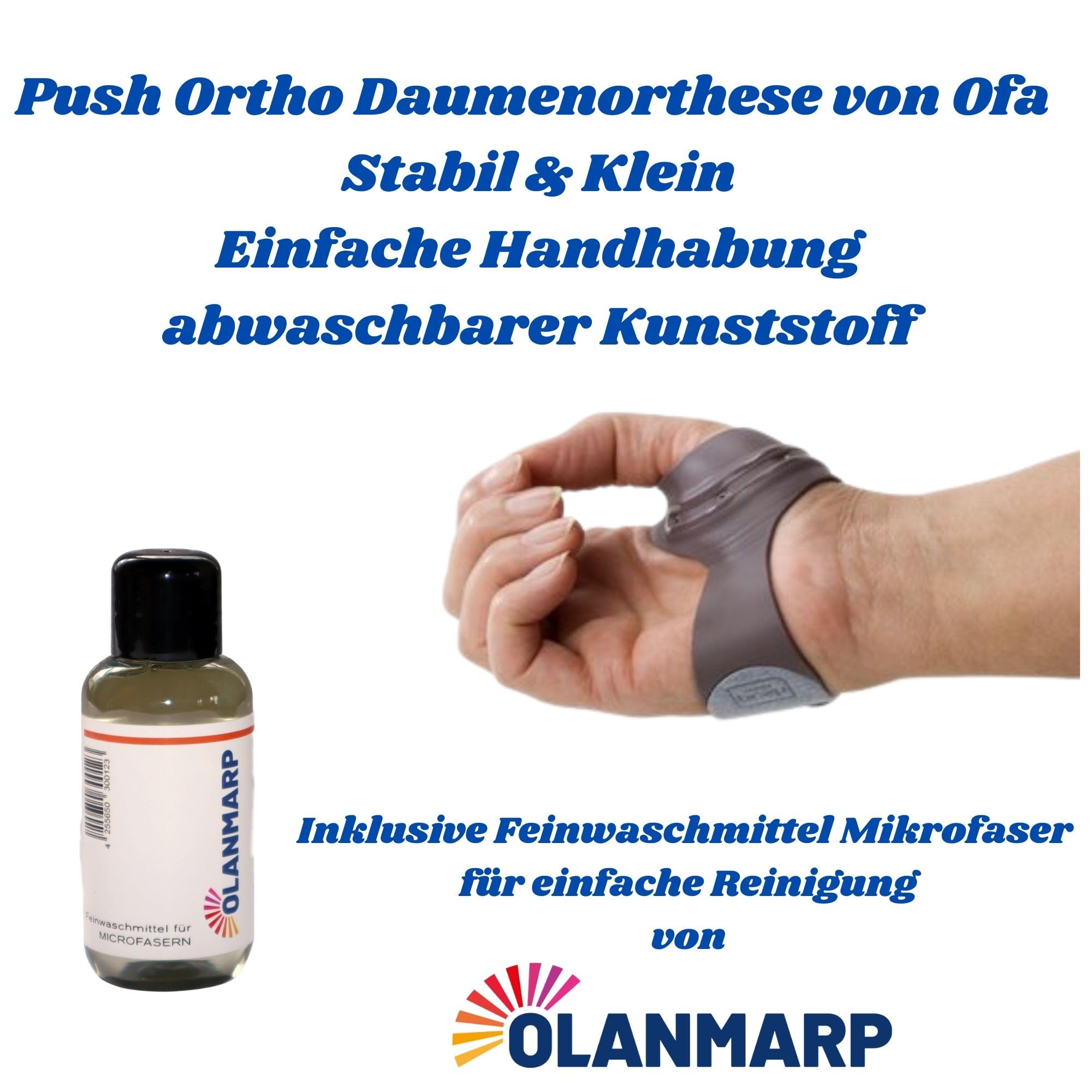 Ofa Push Ortho CMC Pulgar ortesis Osteoartritis, reduce el dolor, vendaje postoperatorio Detergente para microfibra 50 ml (derecha, talla 0)