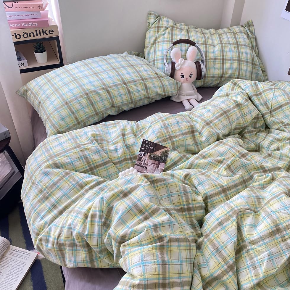 Image of EAVD Multicolor Buffalo Plaid Duvet Cover Queen Soft 100% Washed Cotton Reversible Grid Checkered Plaid Bedding Set Vintage Gingham Duvet Cover with 2 Pillowcases Modern Checkered Bedding Set