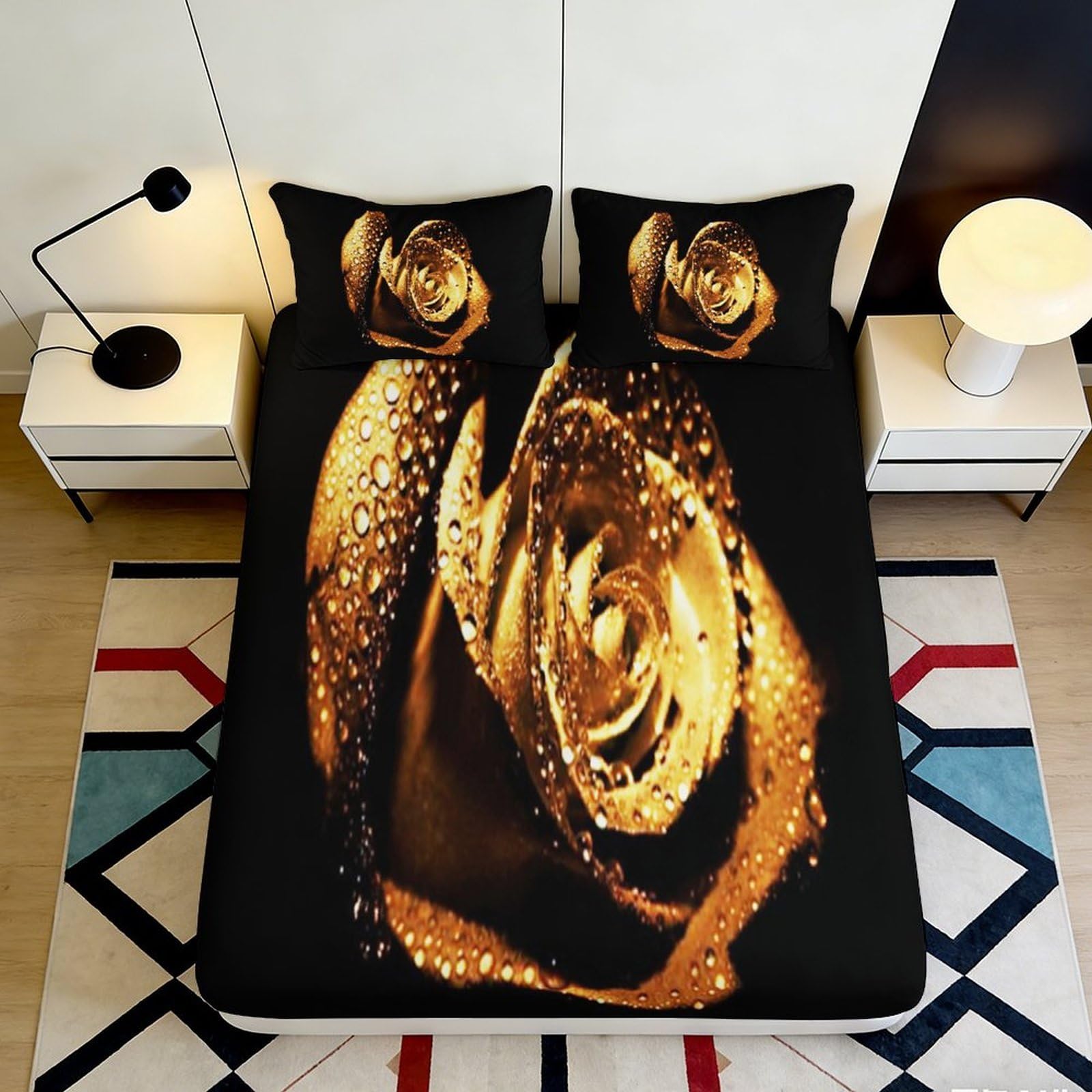 3D Printed Golden Rose Fitted Sheet Microfiber Soft Decorative Black Bed Cover for Bedroom Guest Room Protection 90x200x25cm