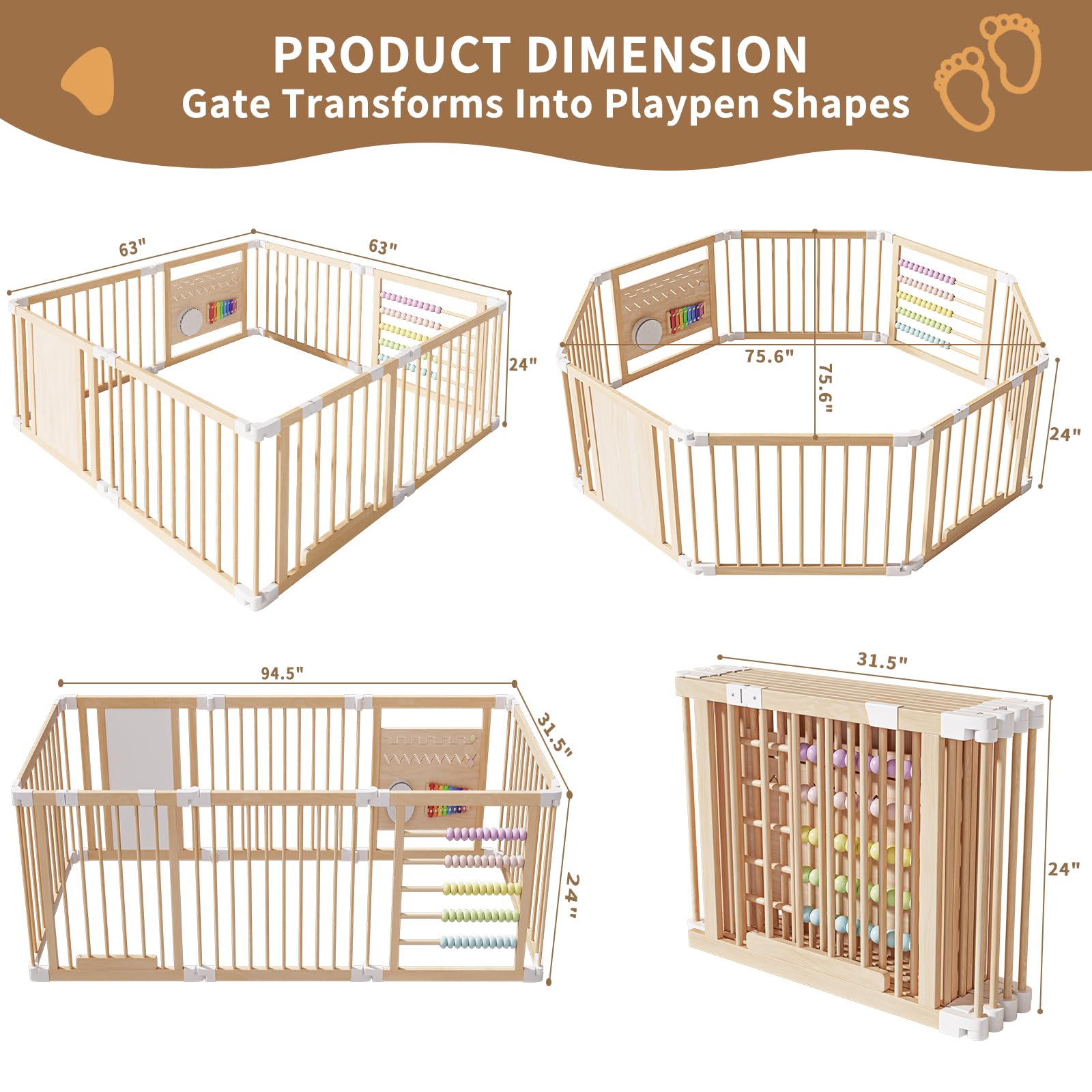 NAIZEA Wooden Playpen, Extra Large for Toddlers and Babies, Foldable Baby Playpen, Baby Fence Play Area with Gate, Kid Play Yard, Adjustable Size & Shape,56”x56”x24”