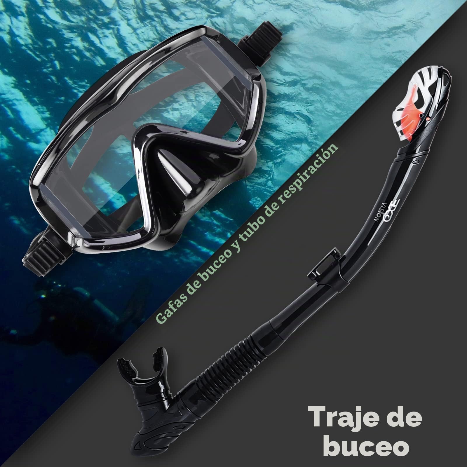 Conjunto de Tubo Seco, Máscara de Buceo Pano de 3 Ventanas, Gafas de Buceo y Tubo Antiempañamiento, Equipo Profesional de Máscara de Buceo con Tubo para Adultos (A-Negro)