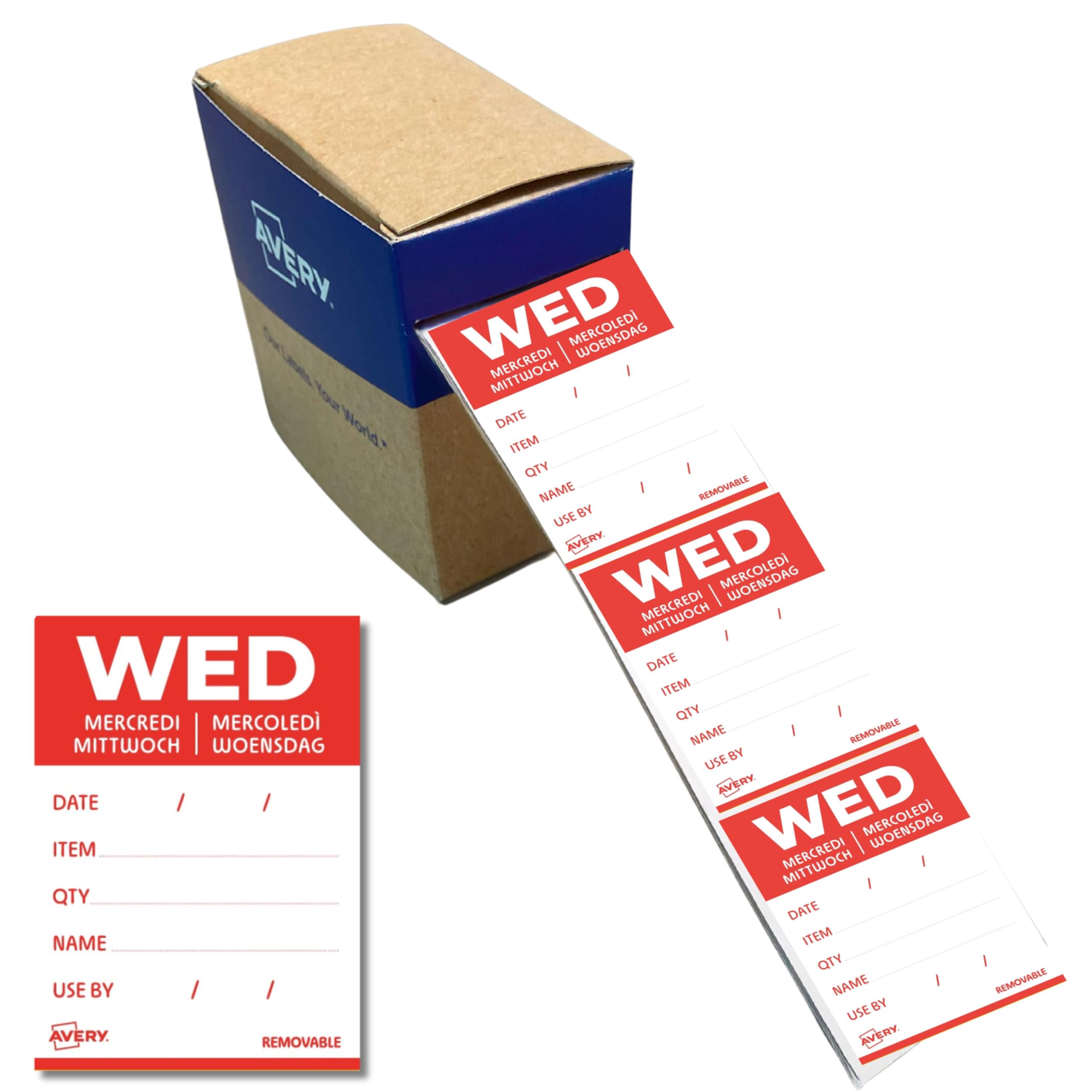 Avery Removable, Hand Writable, Detailed Food Day Labels, Strong Adhesive, 40 x 56 mm, Wednesday, Red, 500 Labels, Preprinted Design (DLDWEDREV-500)