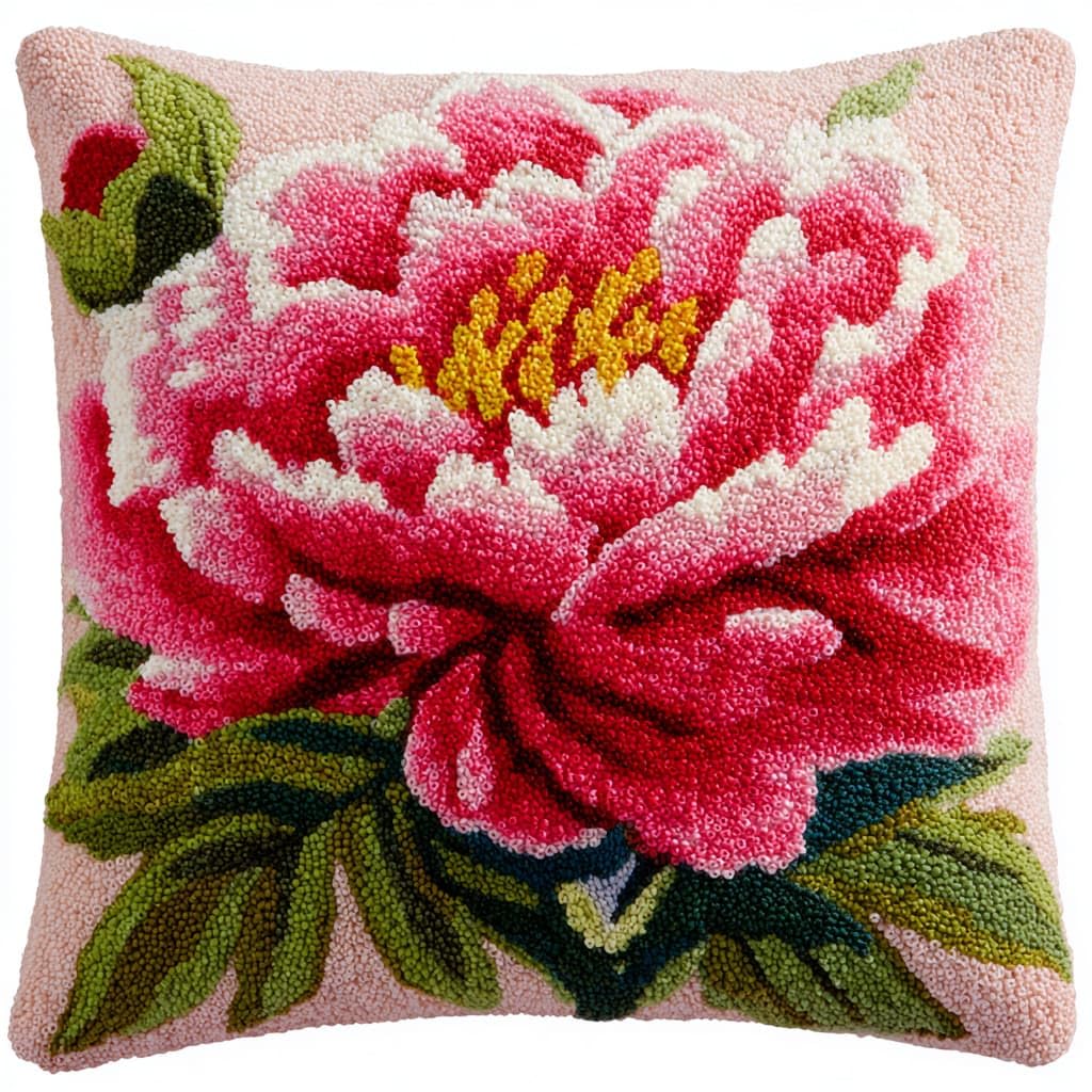 Taxpy Latch Hook Cushion Kits, Peony Flowers DIY Latch Hook Kits Pillow Printed Cushion Embroidery Needlework Craft Embroidery Kit,17x17inch