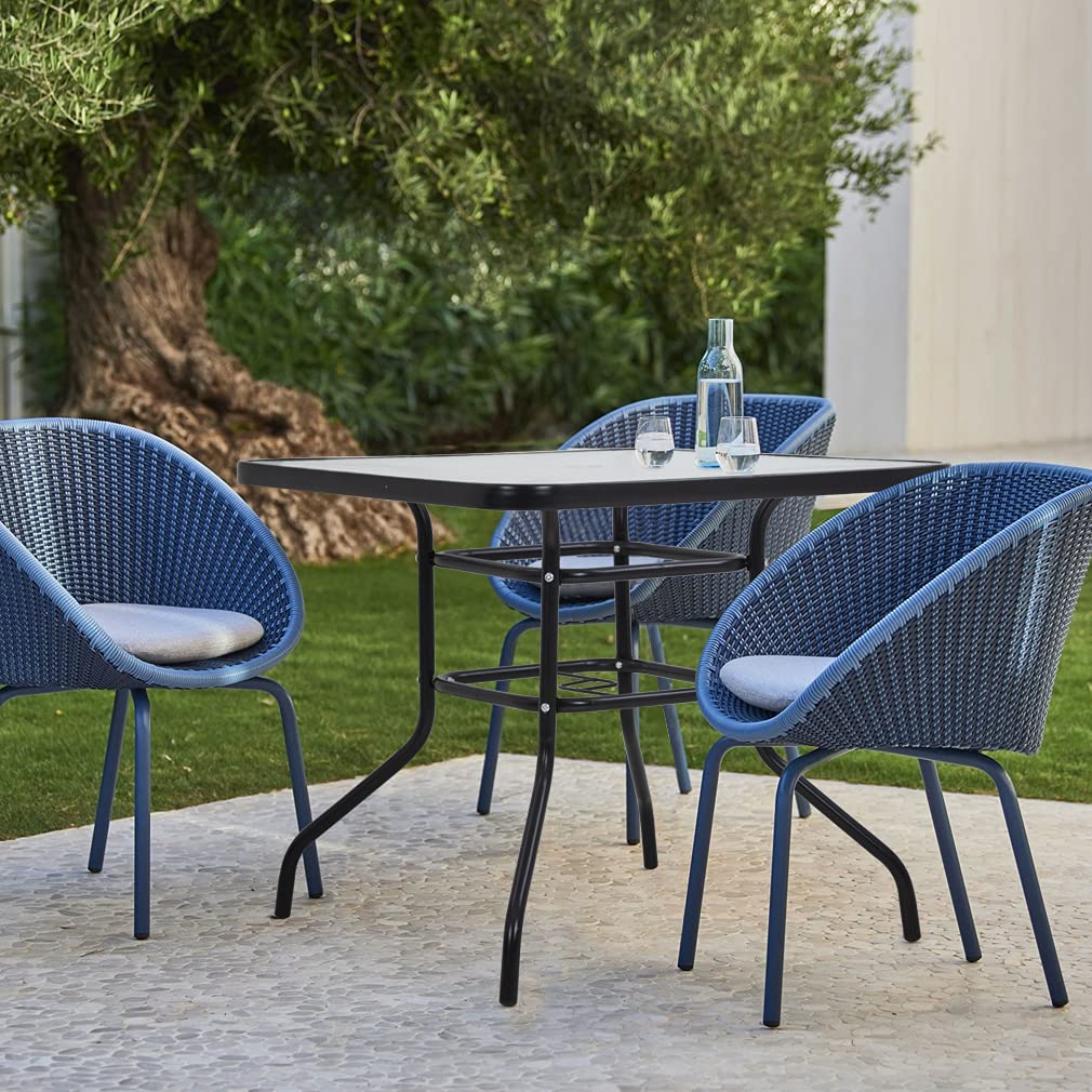 Mesa de comedor para exteriores con agujero de vidrio templado para sombrilla para césped, balcón, patio (cuadrado) 6