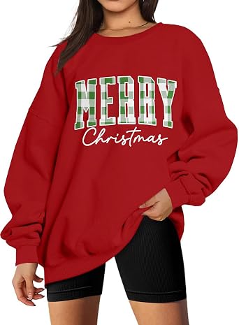 Christmas Sweatshirt for Women Merry Letter Print Long Sleeve Shirt Xmas Oversized Pullover Tops