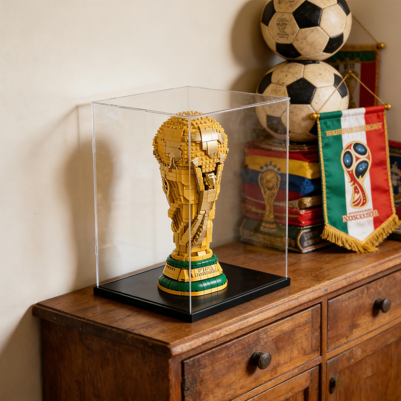 Vetrina Espositiva Teca Plexiglass Acrilico 3MM per Lego Trofeo Coppa Mondo FIFA 43020 Elmo Sauron 11373 75398 C3PO 21349 21376 Gatto 10358 77072 76463 76467, Trasparente Nero Interno 25x25x40cm