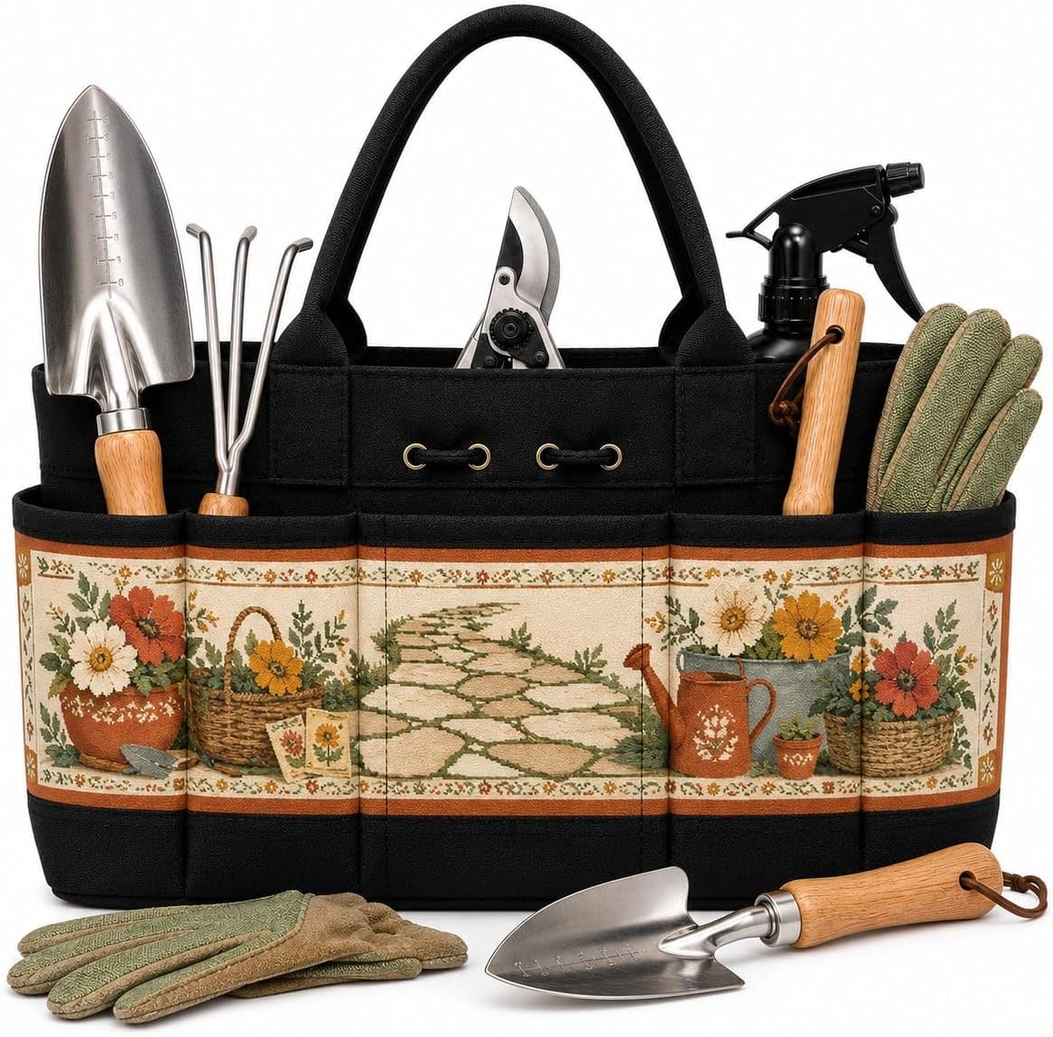 Stone Path Embroidered Garden Tool Bag Organizer for Porch in Vintage Style