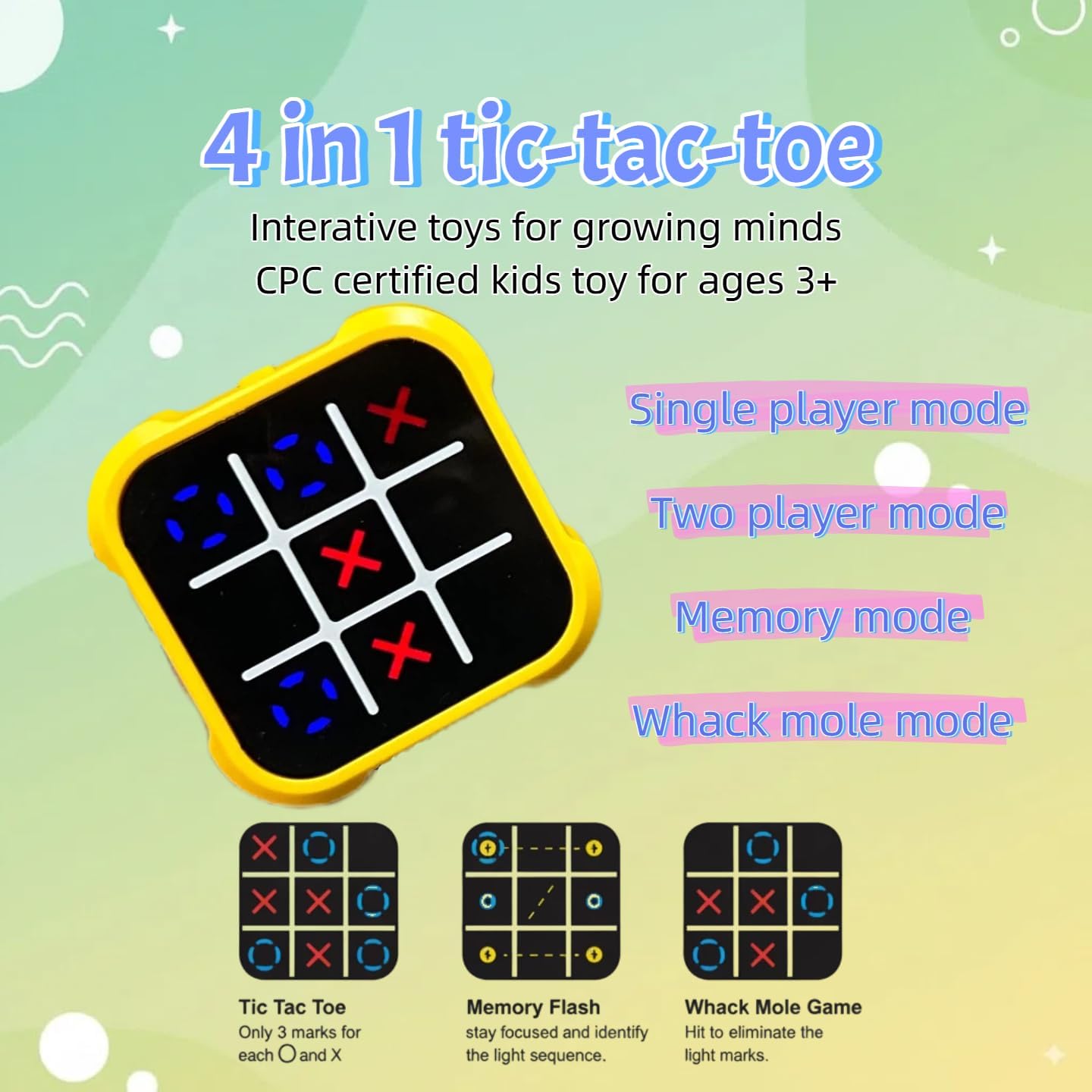 Rechargeable Electronic Tic Tac Toe Game Handheld , Mute Function, 4 in 1 & 9 Levels Brain Trainer for Ages 3+ ,Solo/2-Player/Memory/Whack-a-Mole , Fast Charge Kids Travel Gift with USB-C Cable