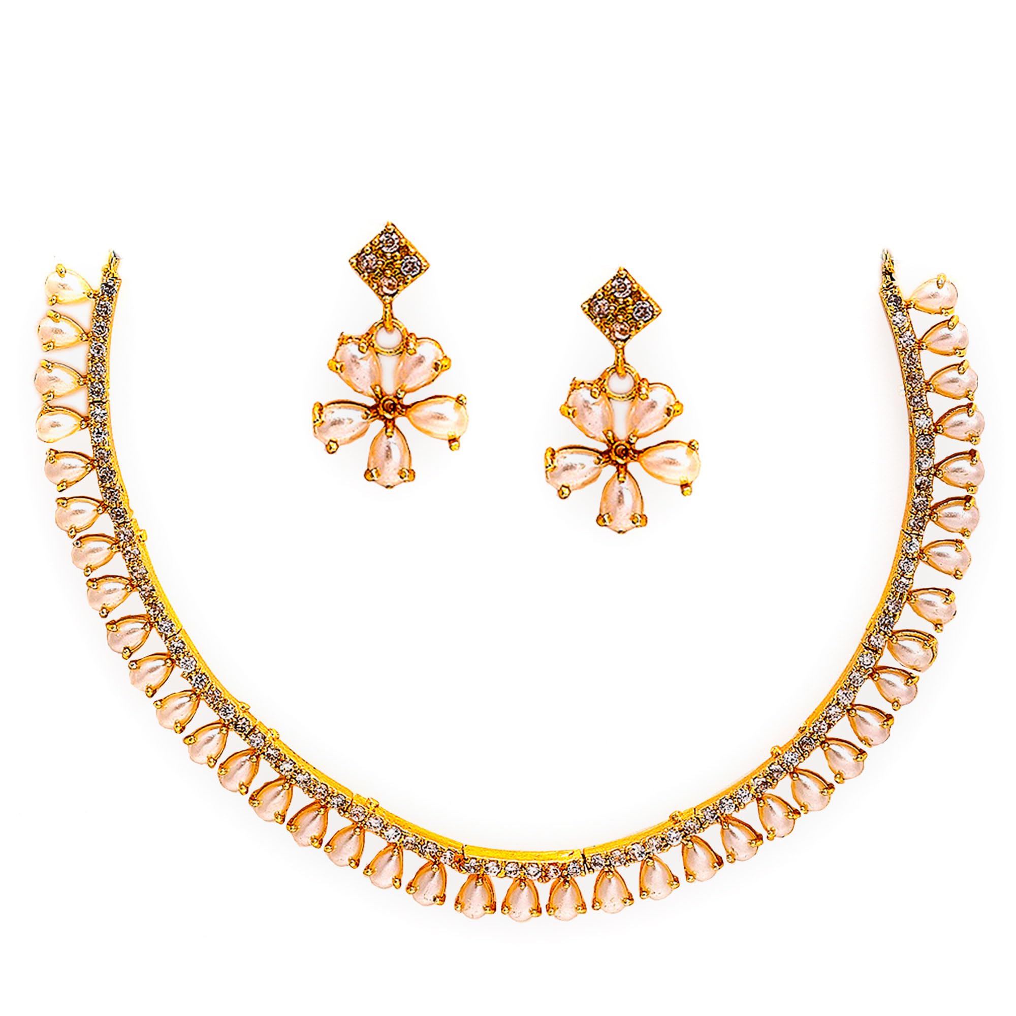 Gold Plated American Diamond Necklace with Earrings for Women & Girls