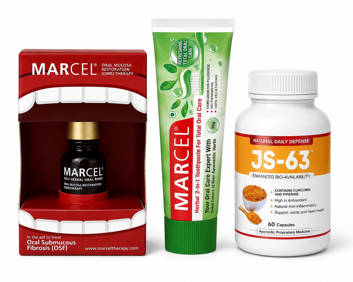 MARCEL advance Therapy Pack of 3 (Marcel ayurvedic toothpaste with poly Herbal Oral Rise and JS-63 capsule)-image-25