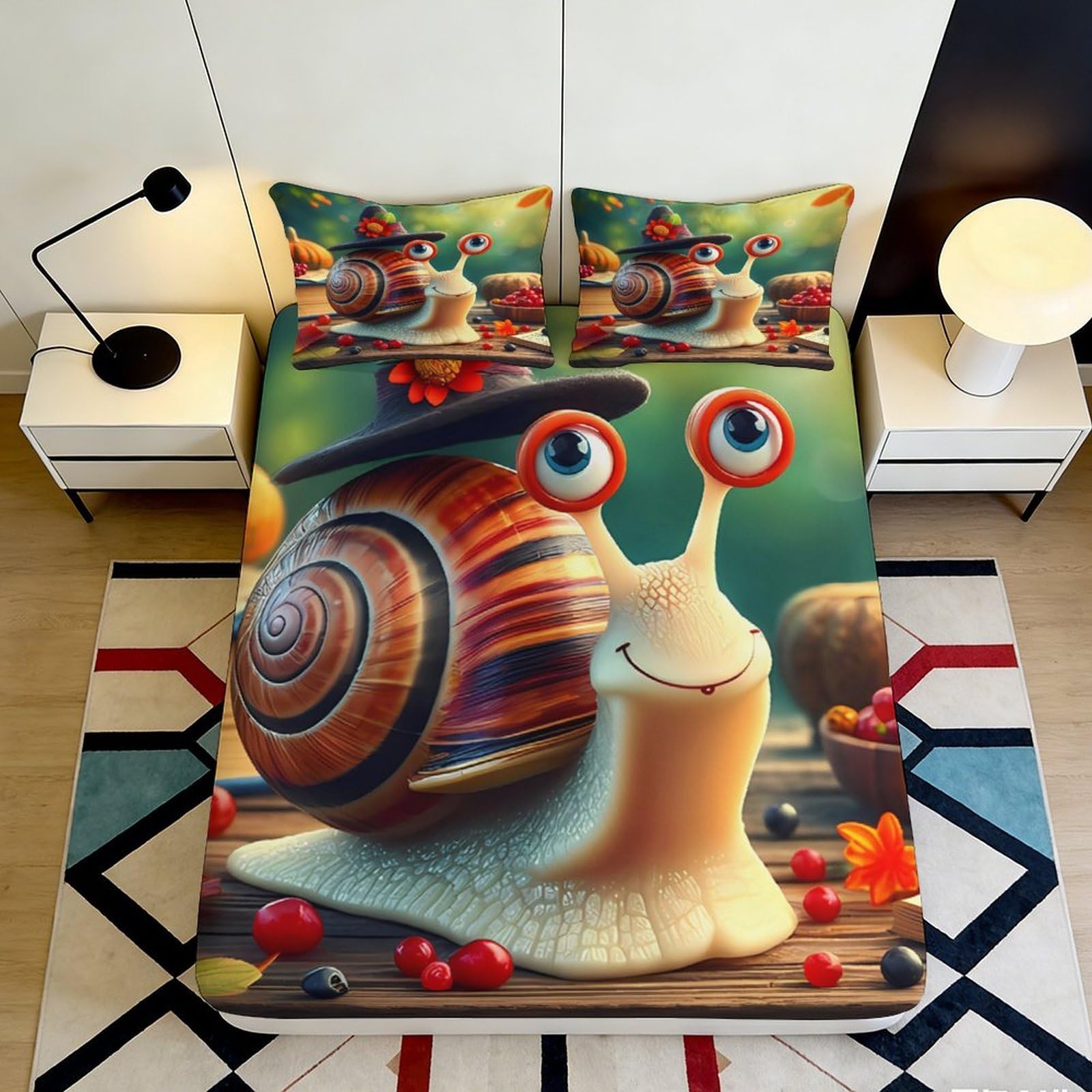 3D Printed Cartoon Snail Fitted Sheet Microfiber Soft Anti-Slip Autumn Forest Bed Cover for Bedroom Dorm Room Decor 90x200x25cm