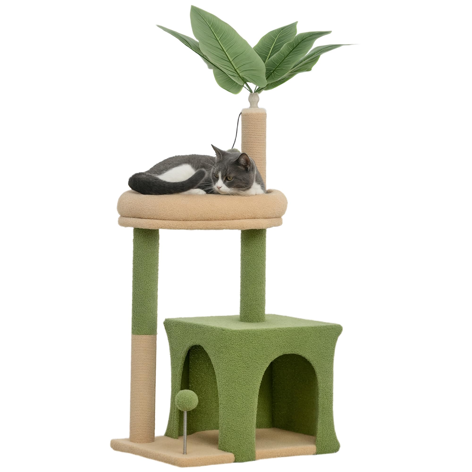 PawHut Albero Tiragraffi per Gatti con Foglia di Palma, Casetta, Lettino e 2 Palline, Torre per Gatti in Legno e Poliestere, 44x30x98 cm, Verde e Marrone