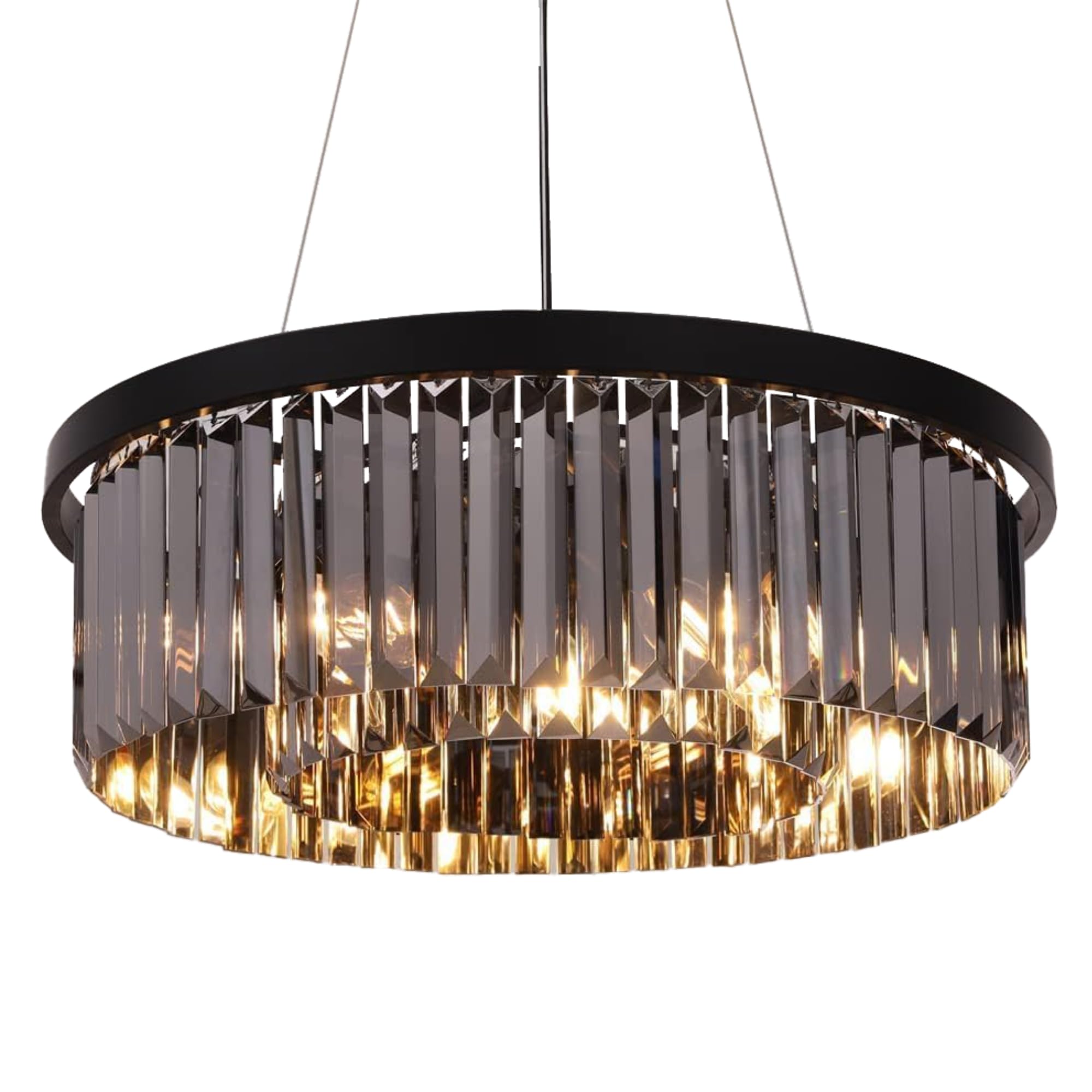 Gold/Smokey Grey Crystal Chandeliers Ceiling Lights Modern Round Chandelier-Hanging Steel Rope Fixture- Adjustable Length for Dining Room Kitchen Island Living Room Hallway-Ceiling Light Decor