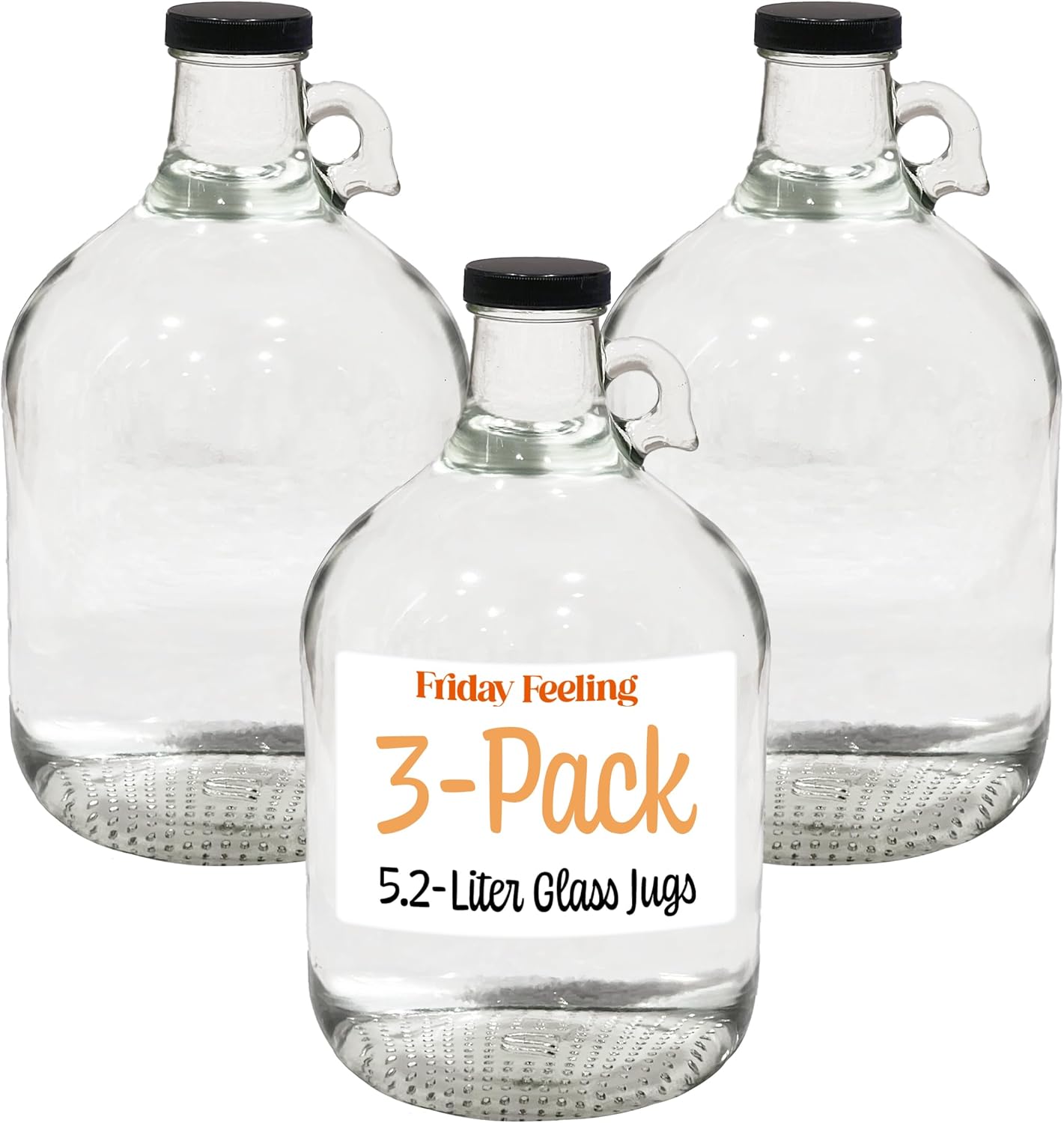 Friday Feeling Glass Storage Jug with Handle, 1.4 Gallon Capacity, Black Screw Cap (3)