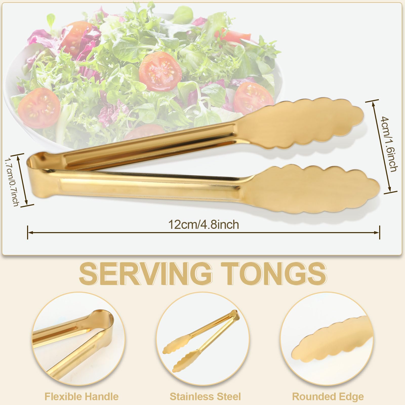 Paquete de 4 pinzas doradas para servir alimentos, pinzas de servir de 9 pulgadas, pinzas doradas de acero inoxidable, pinzas de cocina de metal para ensalada, filetes, aperitivos, aperitivos y