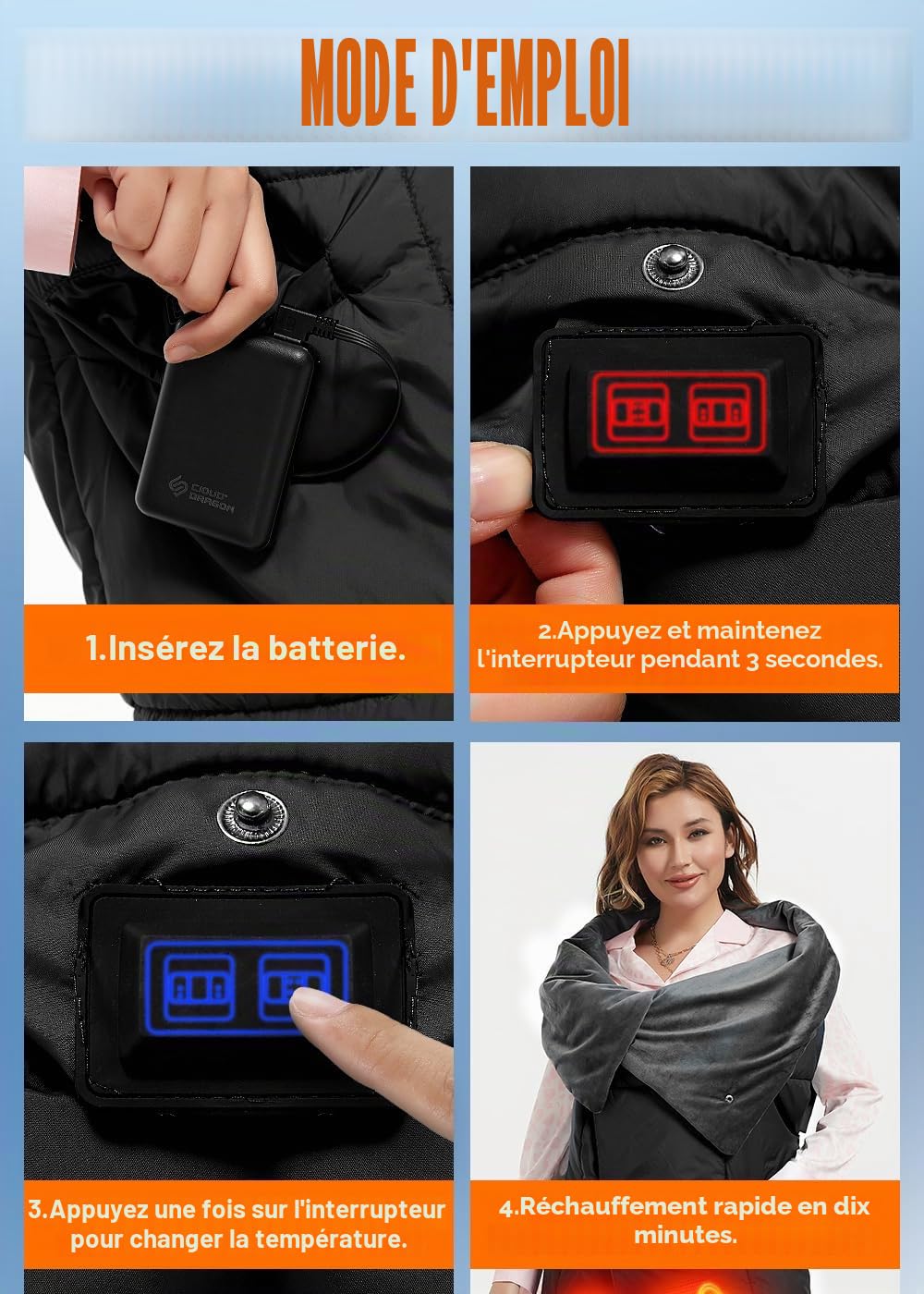 Couverture chauffante sans fil avec batterie 20 000 mAh 7,4 V pour homme et femme - Couverture chauffante électrique portable avec 8 zones de chauffage et 3 niveaux de température pour la maison et le