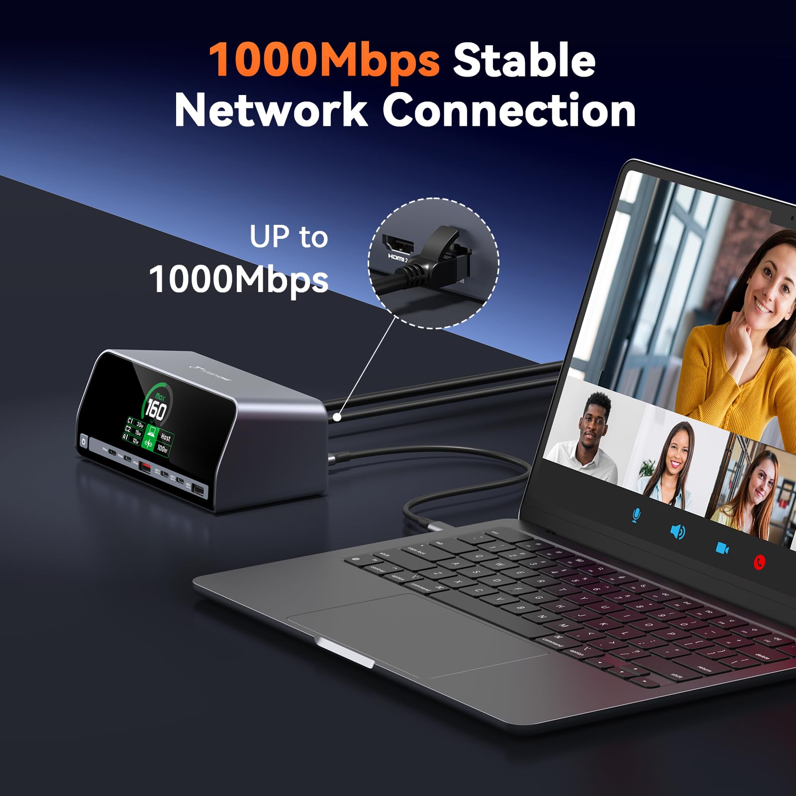 TobenONE Stacja dokująca, stacja dokująca do laptopa 13 w 1, podwójny monitor 4K z HDMI, porty PD 100 W, USB A/C 10 Gb/s, inteligentny wyświetlacz LCD, Gigabit Ethernet, maks. moc wyjściowa 160 W dla