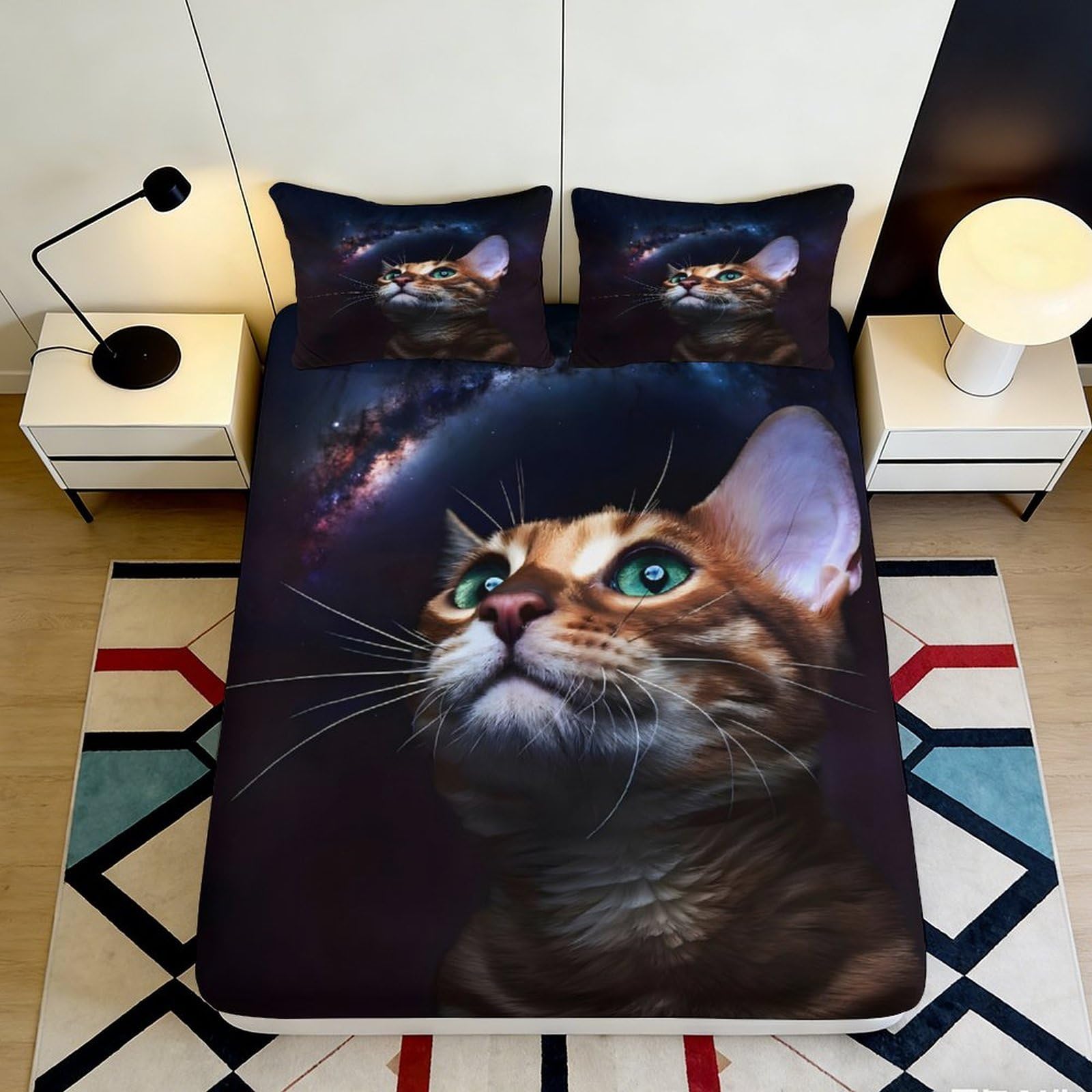 Pnayamiorkfel Style-1 3D Printed Galaxy Cat Fitted Sheet Microfiber Soft Bedroom Decor Cosmic Nebula Mattress Cover Anti-Slip Easy Care 90X200x25cm