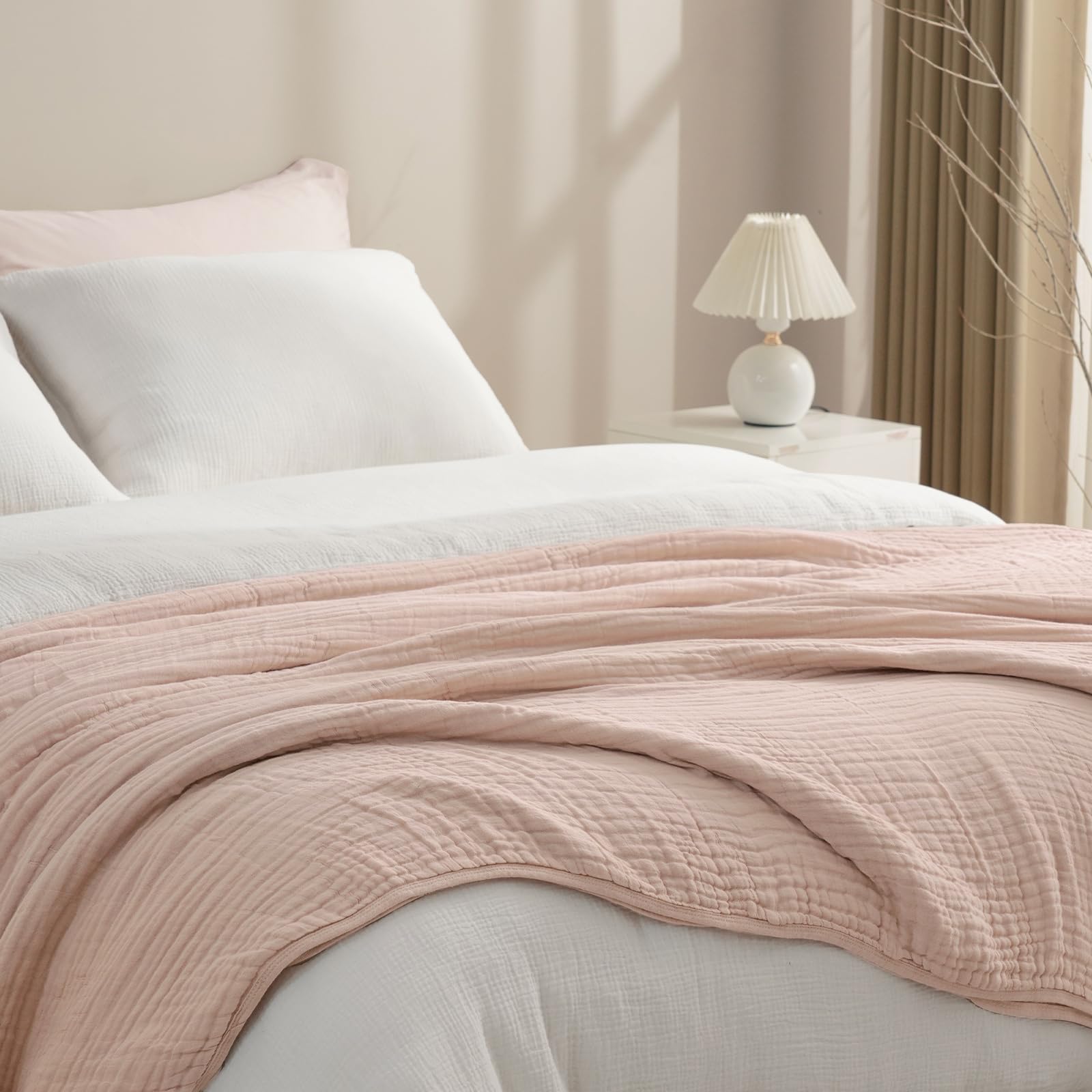 phf cooling muslin blanket queen size 90"x80", 6-layer lightweight gauze blanket made from 35% rayon derived from bamboo & 65% cotton, breathable & ultra soft cozy for hot sleepers, cameo rose