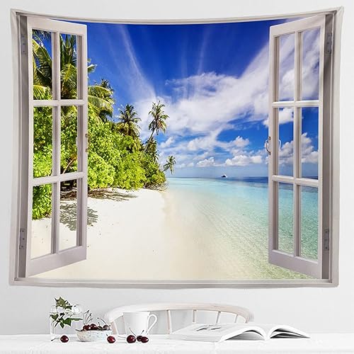 IcosaMro Tapiz de ventana abierta para dormitorio, océano, playa, cielo azul, decoración para colgar en la pared, 51 x 60 pulgadas, azul