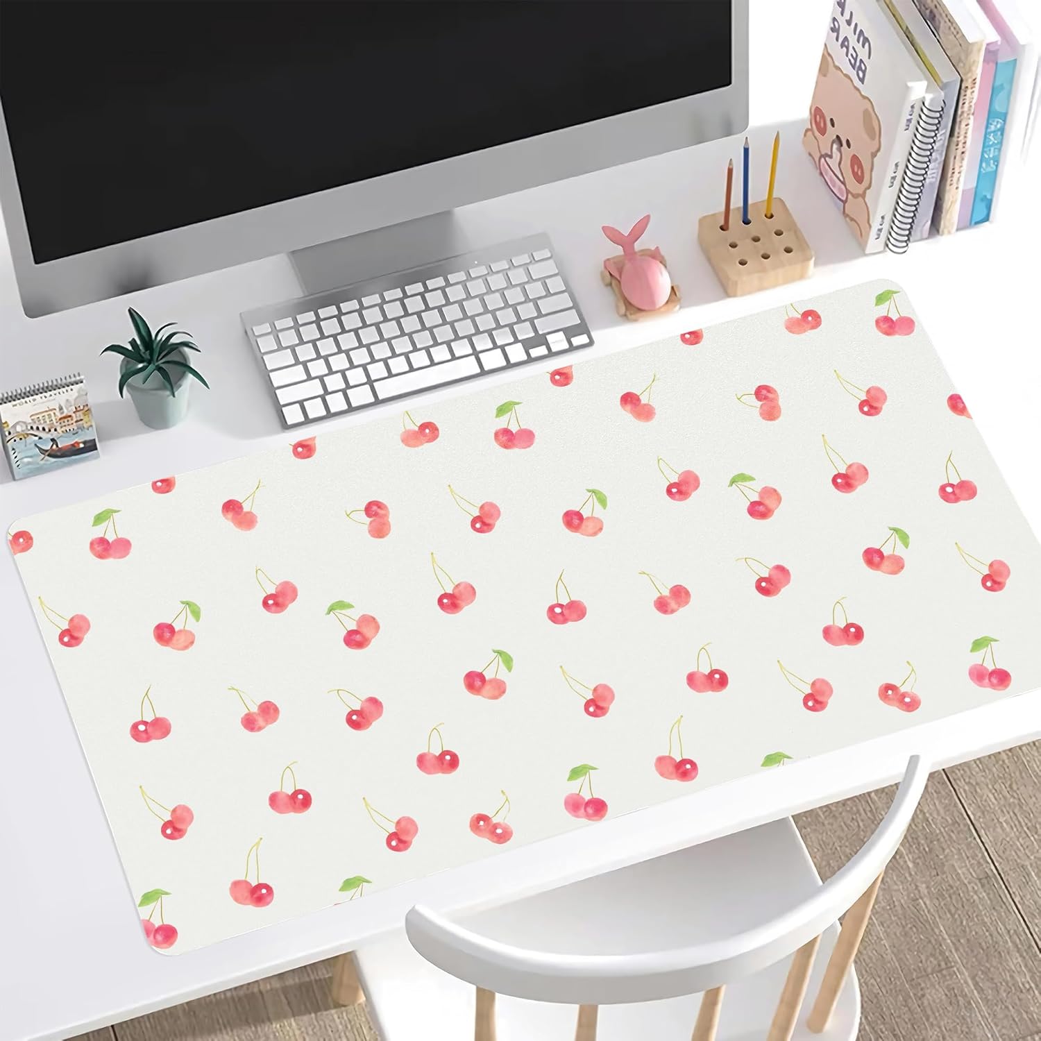 Idocolors Lovely Cherry Desk Mat, White Extended Gaming Keyboard Mouse Pad, Large Cute Kawaii Women Office Desk Cover Mat Protector 31.5"x15.7"