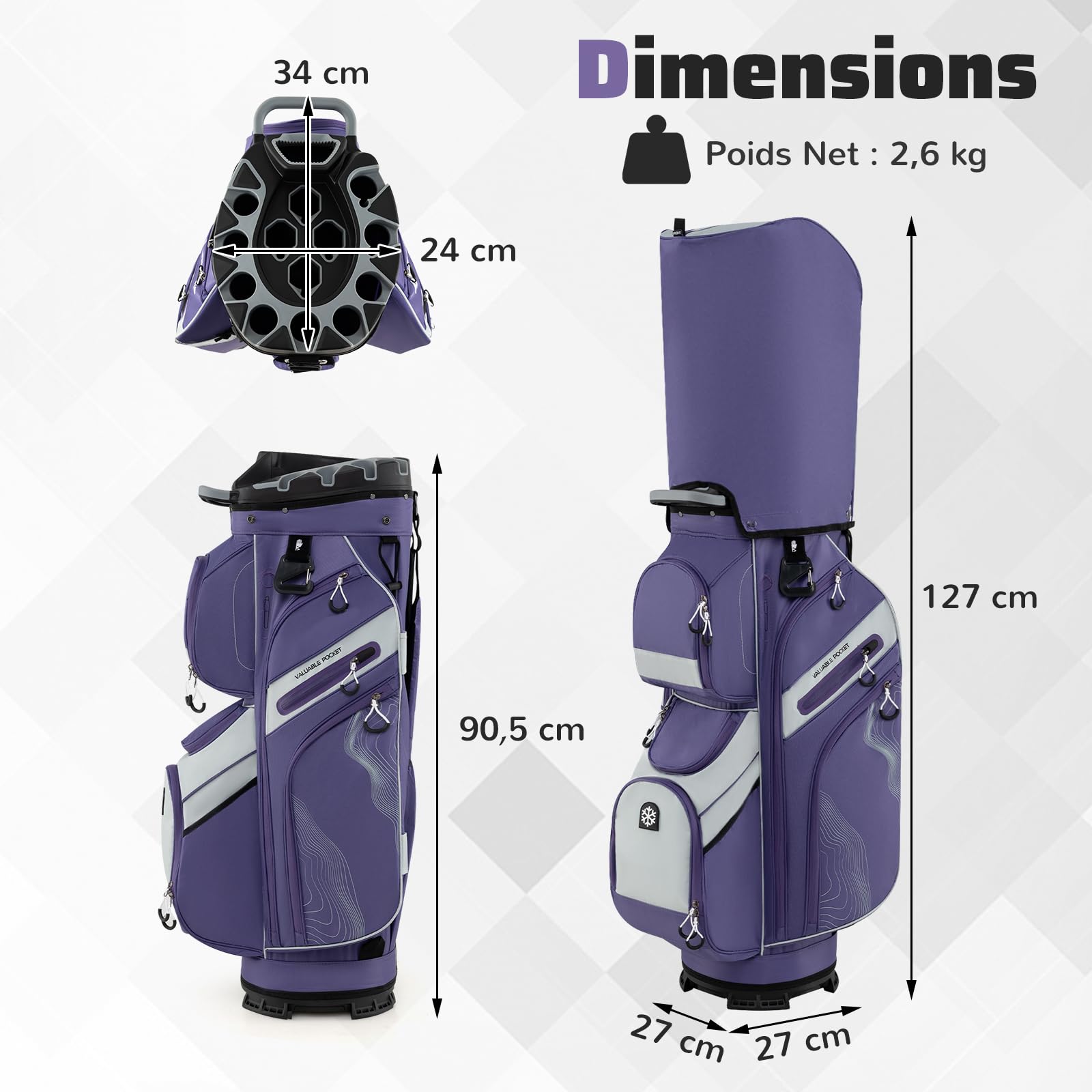 COSTWAY Sac de Golf avec 14 Compartiments, Sac de Club de Golf Portable avec Fermeture à Glissière 11 Poches Sac Isotherme Sangle Rembourrée Poignées Porte-Parapluie Housse de Pluie