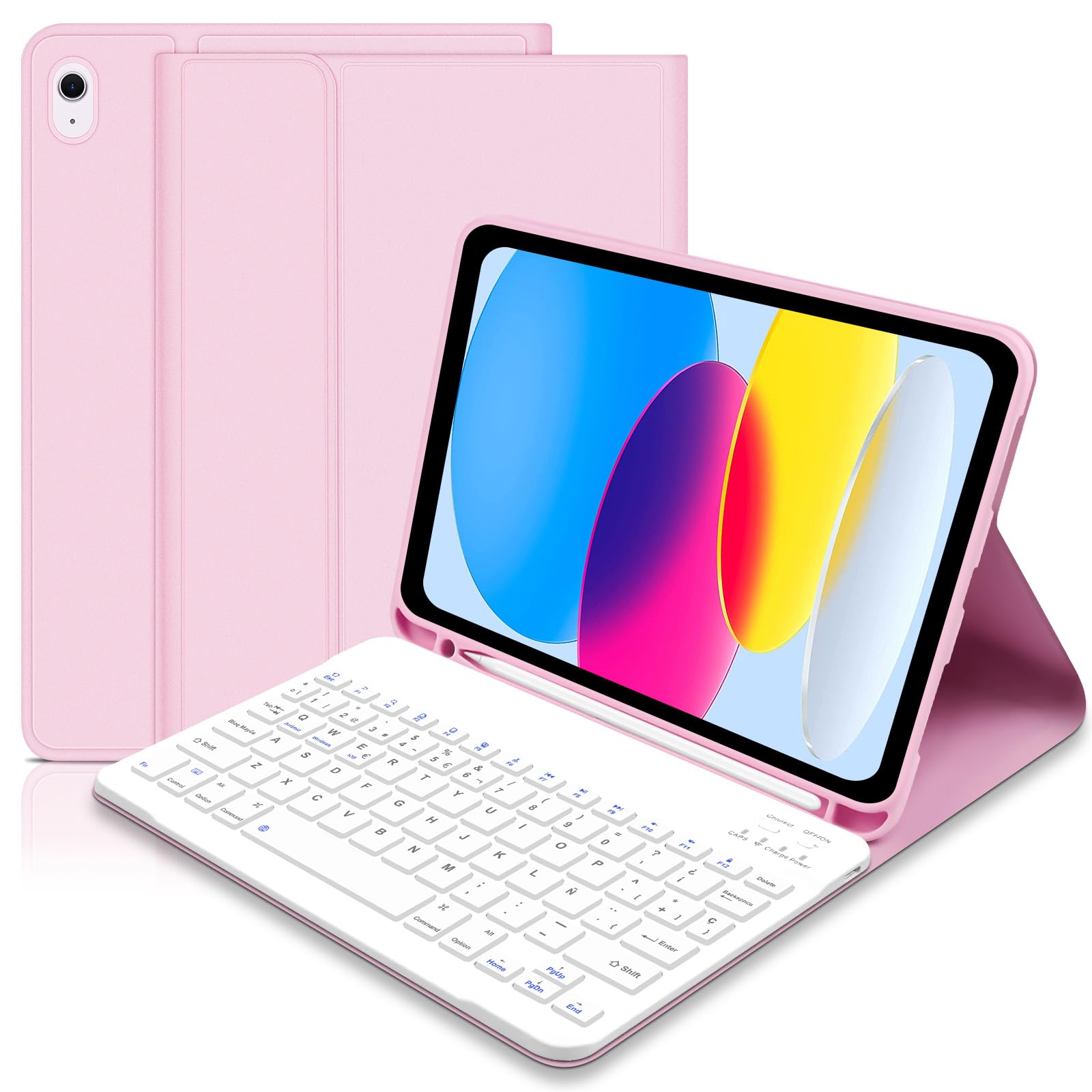 Lielax Funda con Teclado para iPad 10 Generación 2022/11 Generación A16 2025 (10,9/11 Pulgada) - QWERTY Español Ñ, Magnéticamente ​con Soporte para lápiz​ Funda Teclado para iPad 10/11 Gen, Rosa
