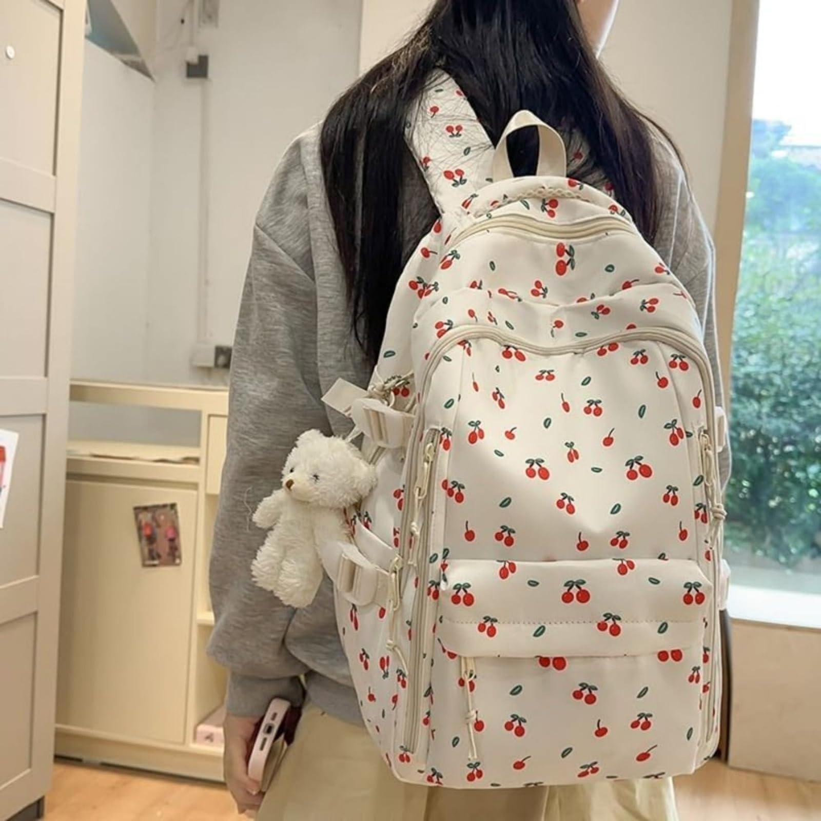 Mochila escolar Zaino per Studenti in Nylon A Stampa di Ciliegia, da Giorno Preppy Grande capacità con Pendente Viaggi Scolastici