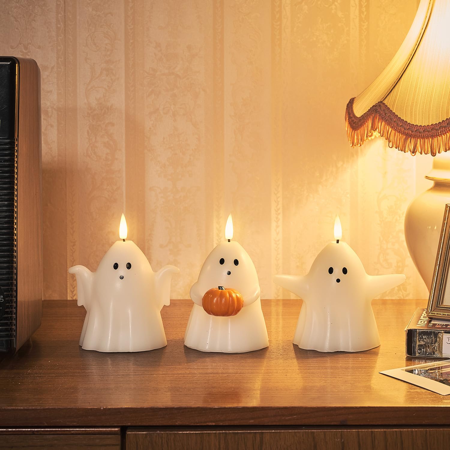 Lights4fun White Set Of 3 Halloween Ghosts Truglow® Pillar Candles Battery Operated With Remote & Timer