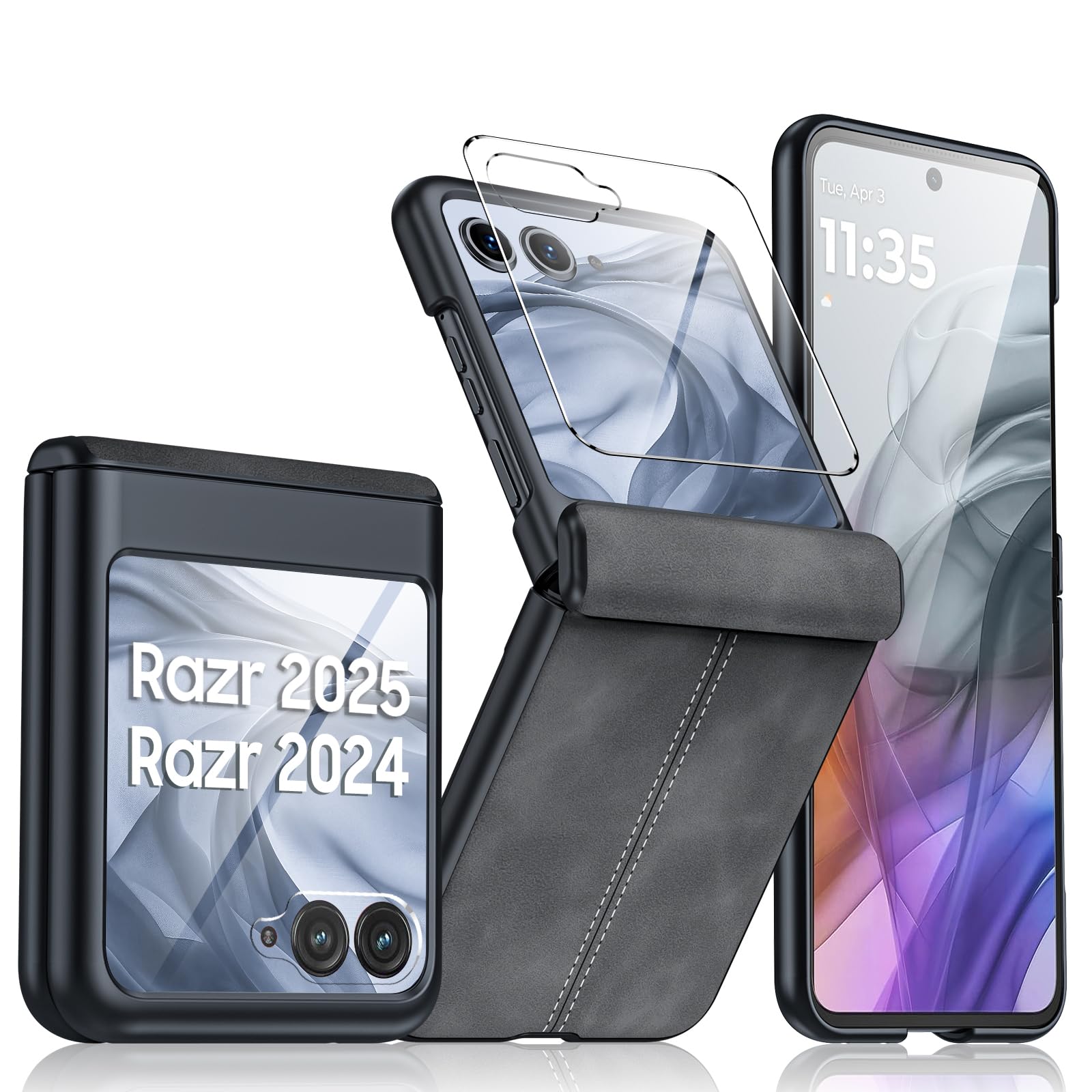 for Motorola Razr 2024 Case/Razr 2025 Case, Built-in Screen Protector & Hinge Protection & Ultra Thin PU Leather Matte PC Shockproof Cover Phone Case for Moto Razr 2024/2025(Black Gray)Carbonfree Certified