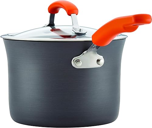 Miniatura 4 de Rachael Ray Brights - Sartén antiadherente anodizado duro con tapa 3 cuartos de galón color gris con asas naranjas