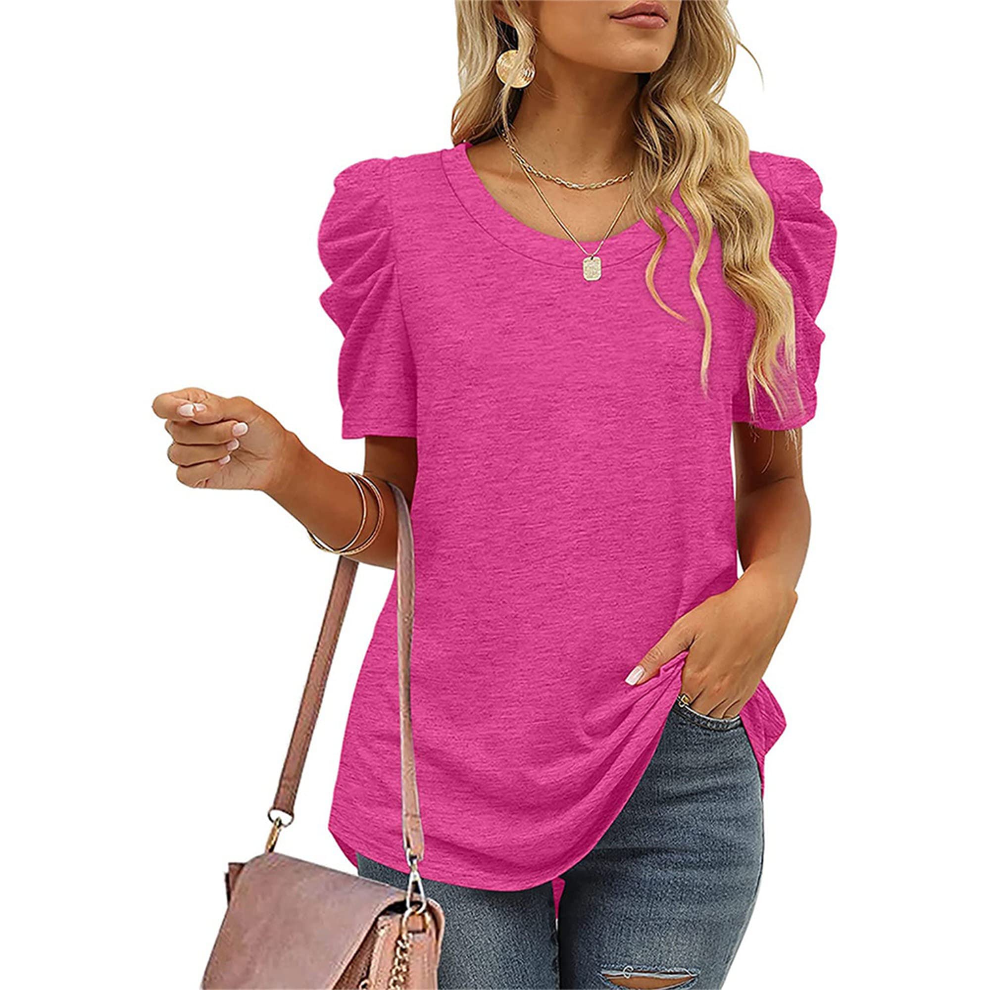 Womens Casual V Neck T Shirt Puff Sleeve Tops Ruched Elegant Shirts Loose Fit Dressy Pullover Blouse Tops (Medium,Rose)