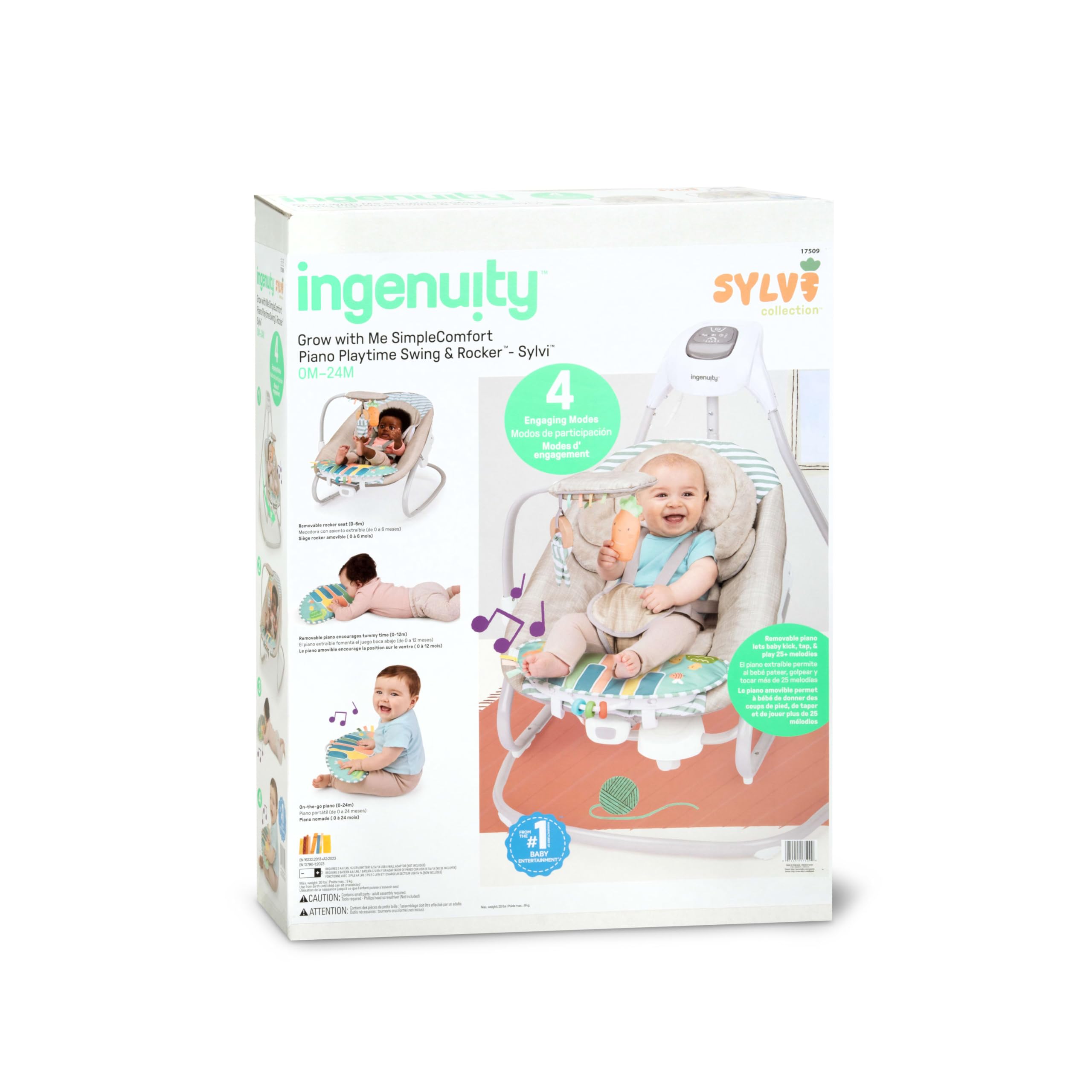 Ingenuity SimpleComfort Piano Playtime Columpio y Mecedora para bebés 4 en 1, 180 Grados y 3 direcciones, 0-24 Meses