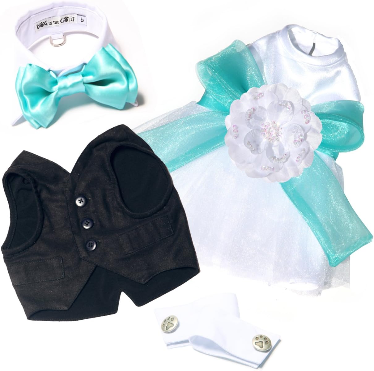 White Shirt Dog Collar with Aqua Blue Bow Tie 16"