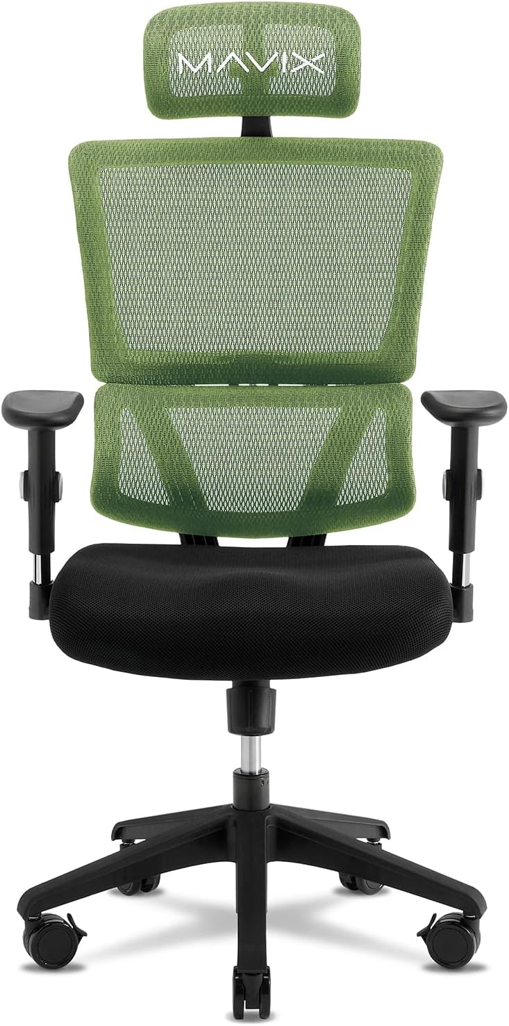 MAVIXM4 Gaming Chair: 19.5” Mesh Seat, DVL, Fixed Back Recline - Airy Comfort/Responsive Support/Adjustable Features for Gamers (Black/Green)