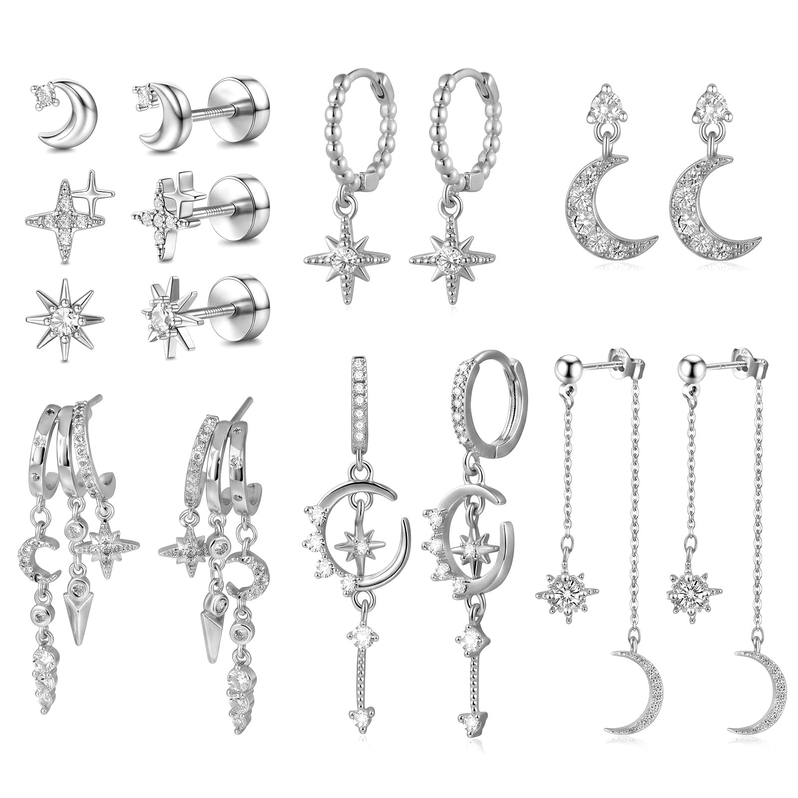 Quelay 8 pares de aretes de aro colgantes de plata punk Y2k estrella luna