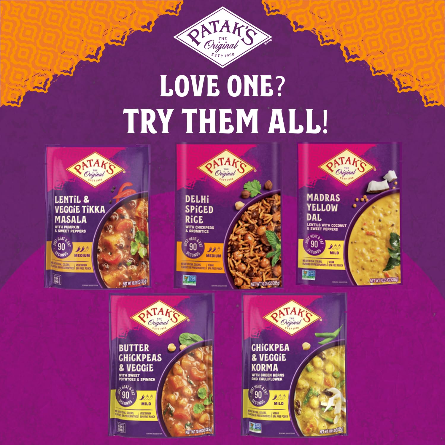 Patak's Ready-to-Eat Meals Variety Pack, Butter Chickpeas, Veggies, Chickpea, Veggie Korma, Lentil, Tikka Masala, Microwave for Quick Dinners, Lunch, Serve with Rice, Naan, 10.5 oz, 6-Pack