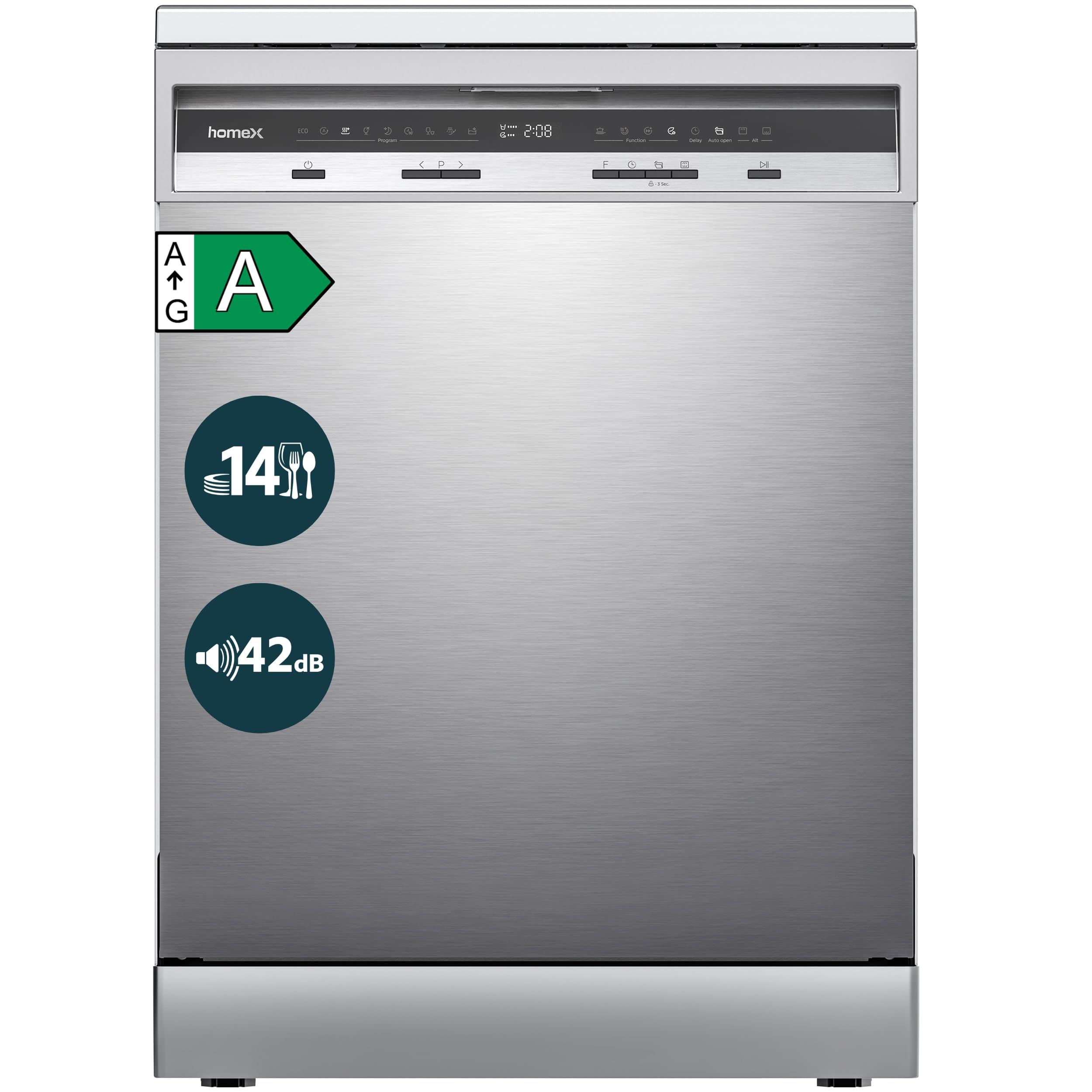 homeX DWFS601442A-S Geschirrspüler 60 cm, Spülmaschine freistehend - 14 Maßgedecke, 9 Programme, Energieklasse A, AquaStop, Besteckschublade, 42 dB, Überlaufschutz, Auto Door, Unterbaufähig, Silber