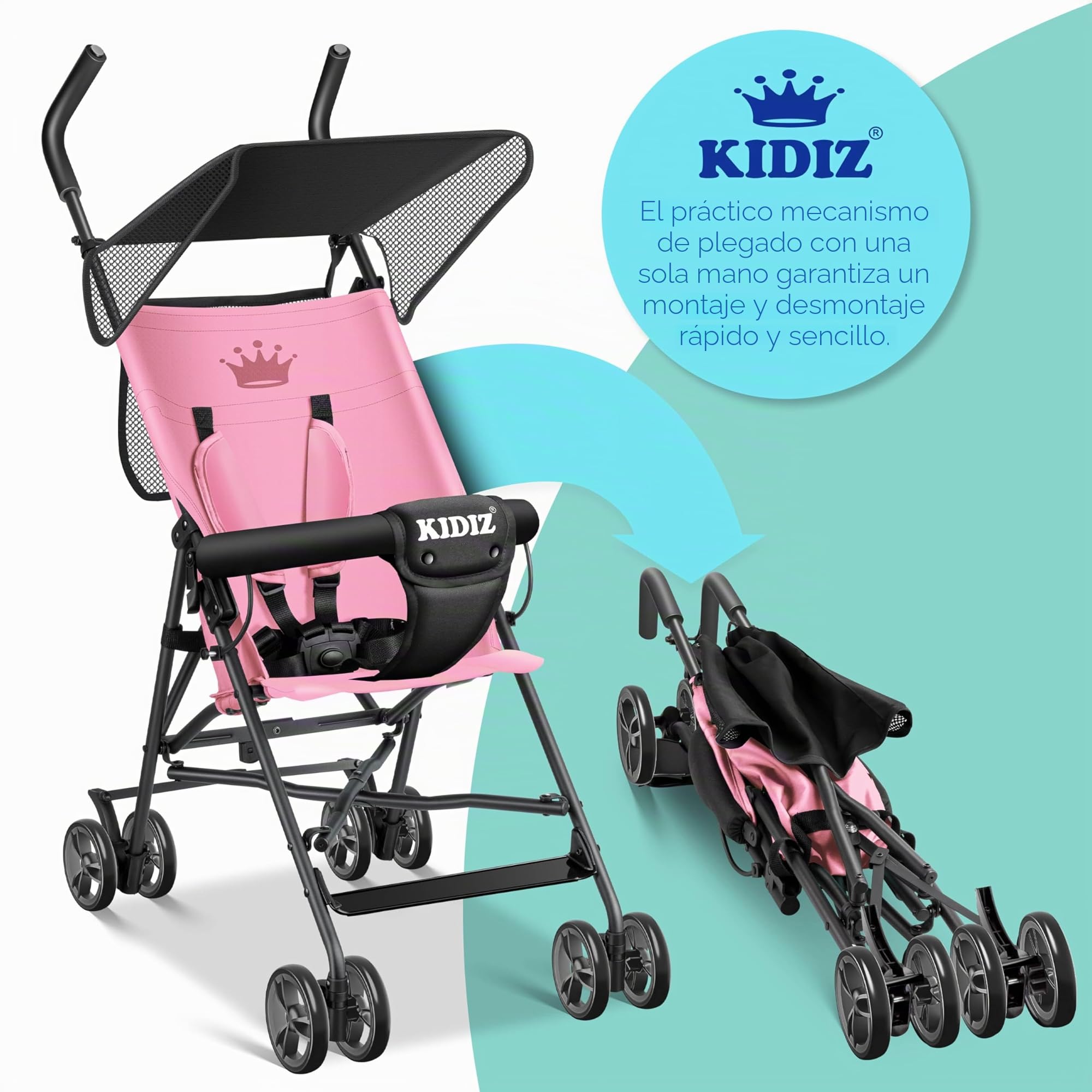 KIDIZ® Silla de paseo CITY Buggy, silla de paseo infantil plegable y reclinable, silla de paseo plegable 360°, ruedas de 4 pulgadas, Incl. capota plegable para el sol y la lluvia