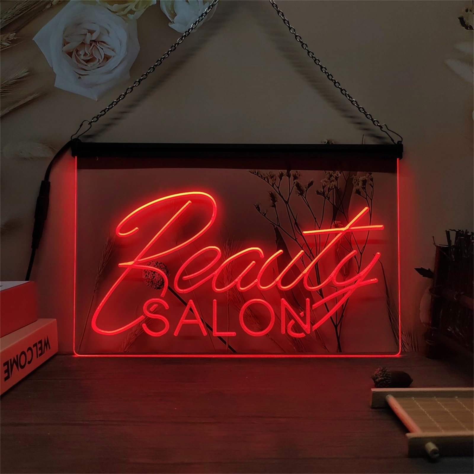 REWIS Beauty Salon LED Neon Signboard, Hair Nails Shop Neon Lights Wall Hanging Luminous Decor USB Powerd with Dimmer,Red,30x20cm
