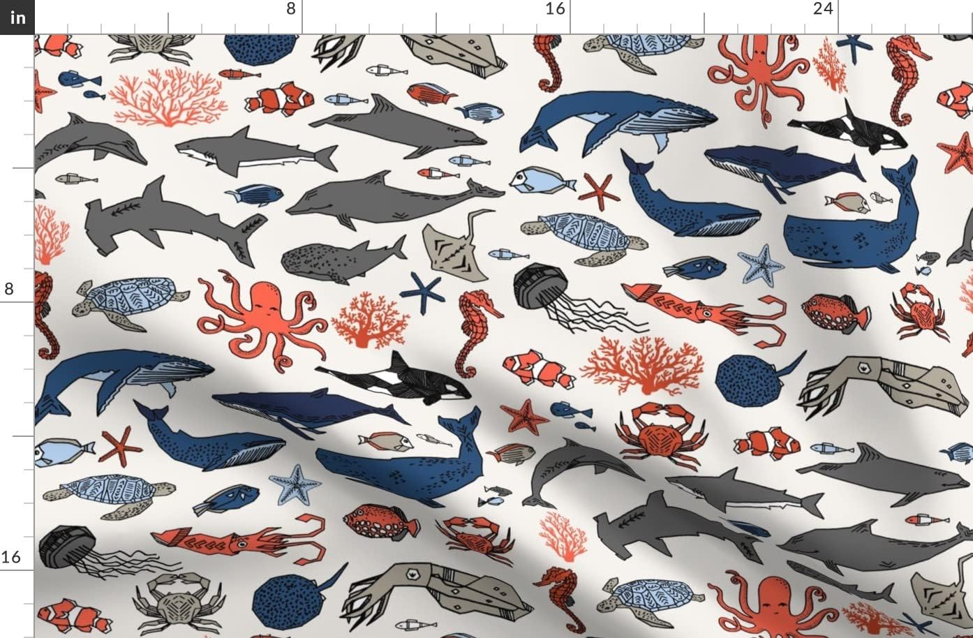 Spoonflower Fabric - Ocean Animals Kids Shark Whale Squid Crab Fish Dolphin Nautical Printed on Organic Cotton Sateen Fabric by The Yard - Sewing Quilting Apparel Home Decor
