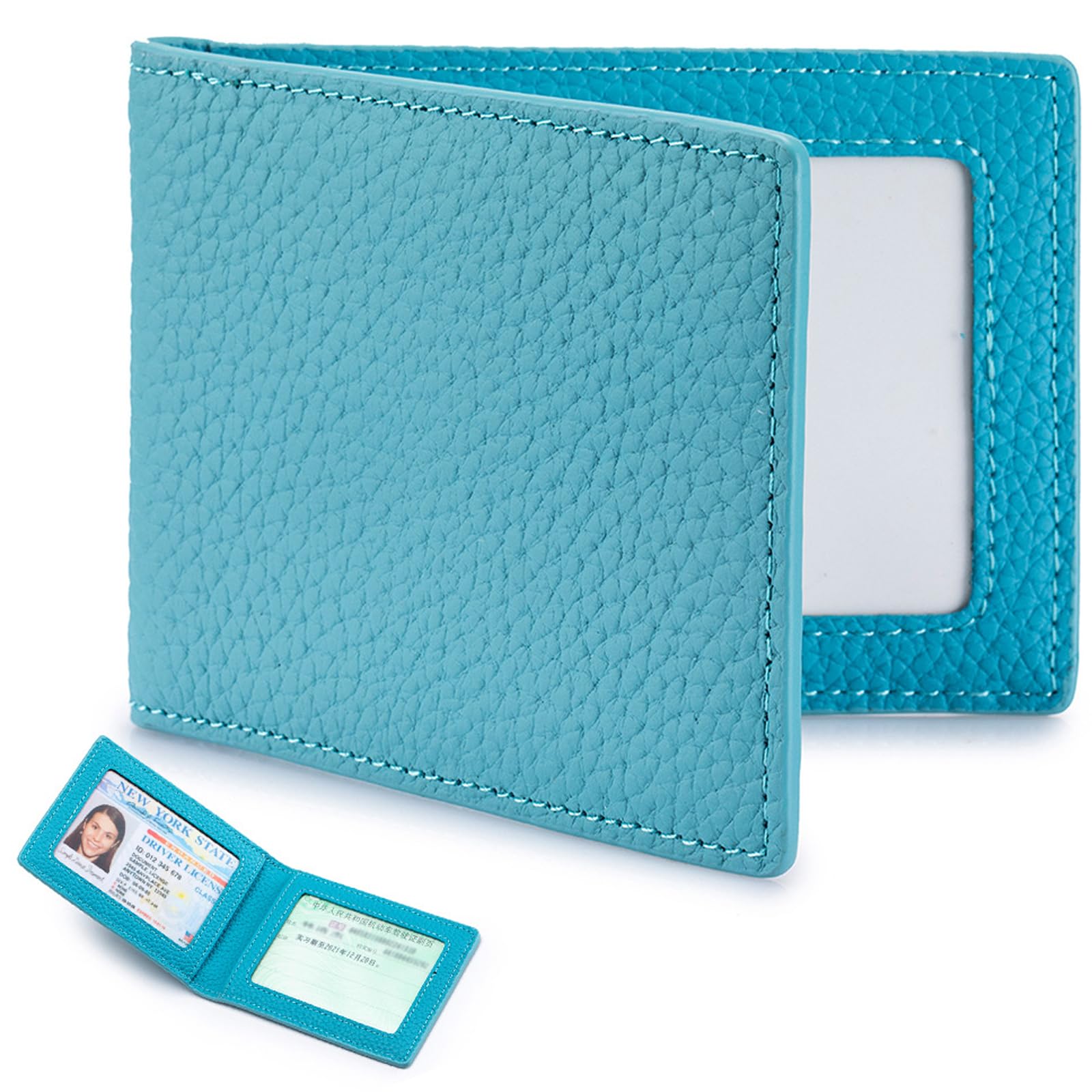 [RenLianyi] 免許証ケース レディース メンズ 薄型 人気 本革 免許証入れ 二つ折り 軽量 丈夫さ 運転免許証入れ パスケース 2枚カード収納 定期入れ ID IC カード入れ 男性 女性 贈り物 母の日 父の日 誕生日 ギフト 空色