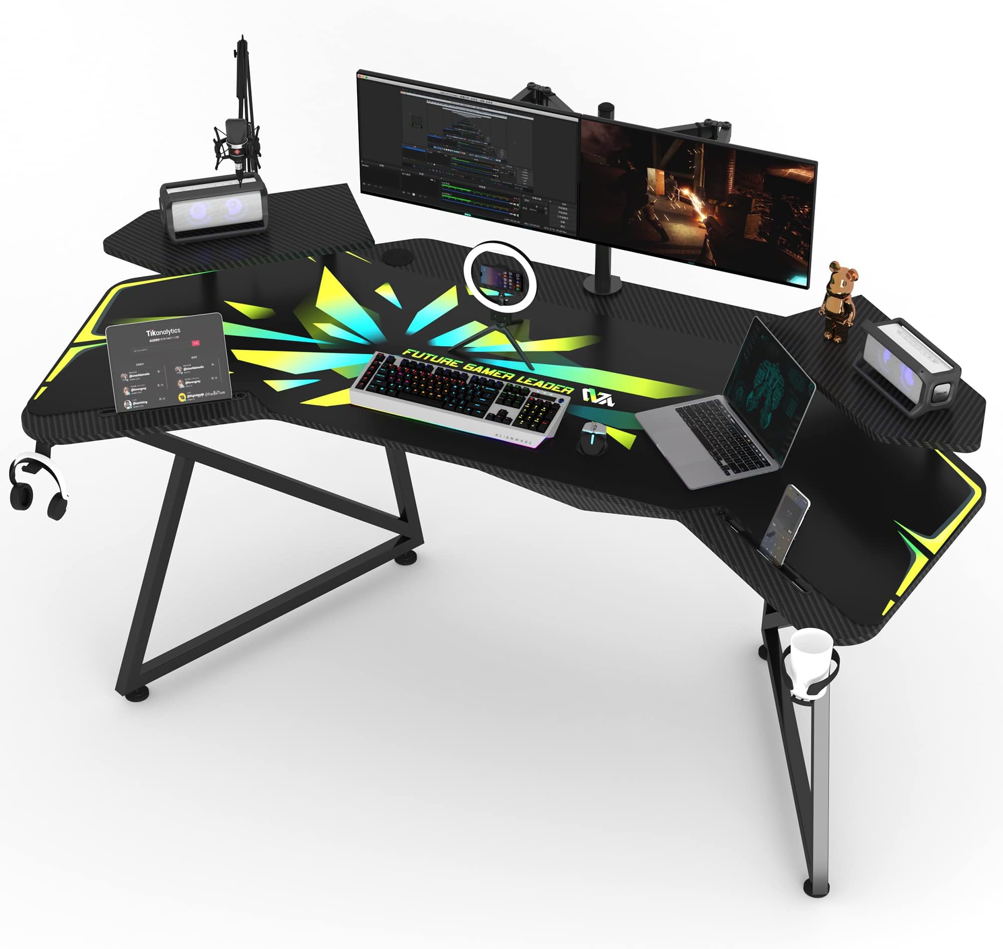 JWX Gaming Desk with Removable Speaker Stand, 72'' Large Studio Wing-Shaped Gaming Desk with Headphone Stand, Cup Holder for Live Streamer, Social Media Influencers & Music Recording