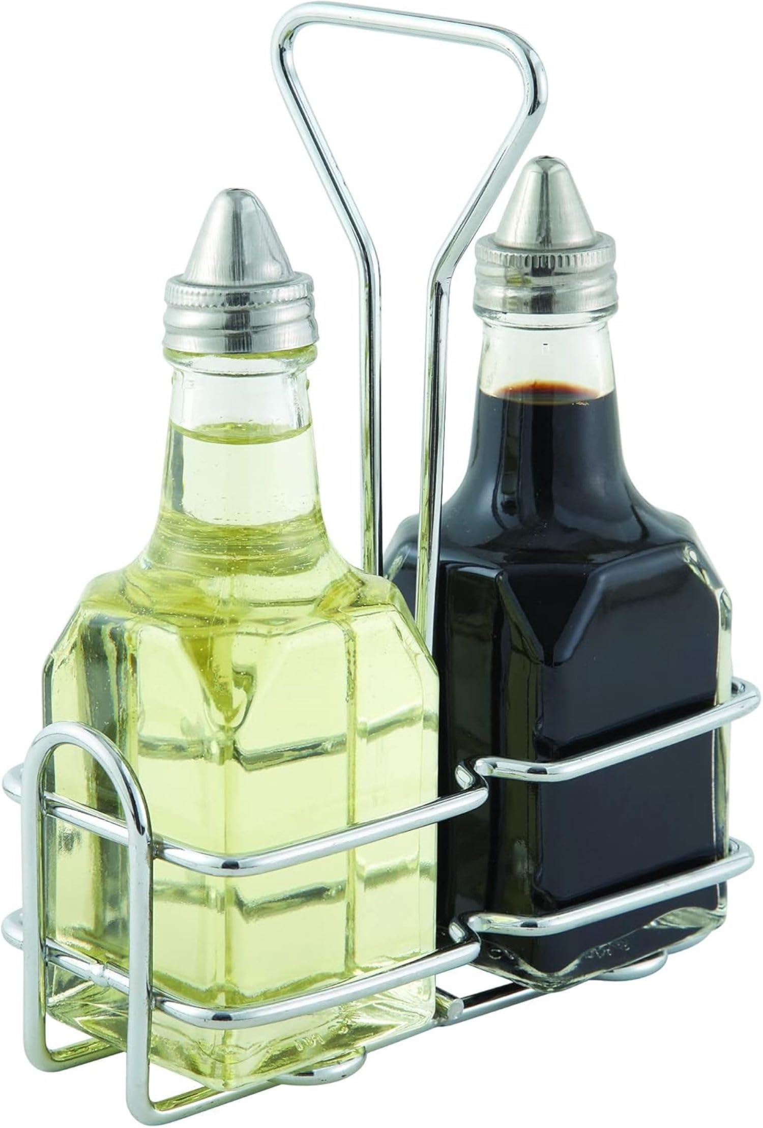 Fonteme 6 Oz. Oil And Vinegar Cruet Set Of 2 | Stainless Steel Chrome Plated Rack | Square Glass Bottles | Salad Dressing Bottles | 6oz, Clear [1PK]