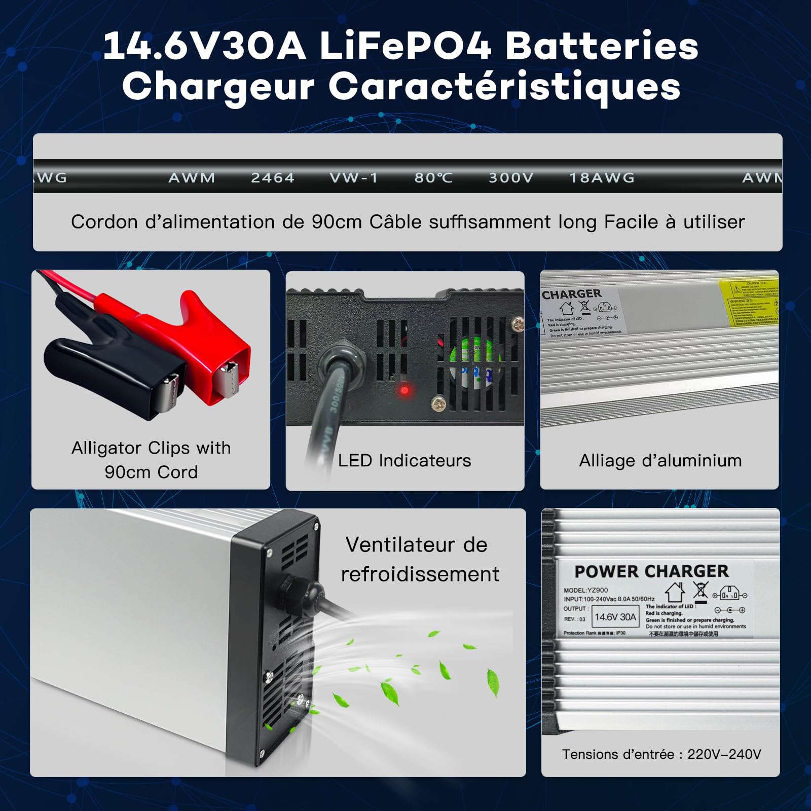 Chargeur Batterie LiFePO4 14,6V 30A avec Pinces Crocodile – Chargeur Haute Puissance pour Batterie Lithium 12V, Système Solaire et Usage Intensif