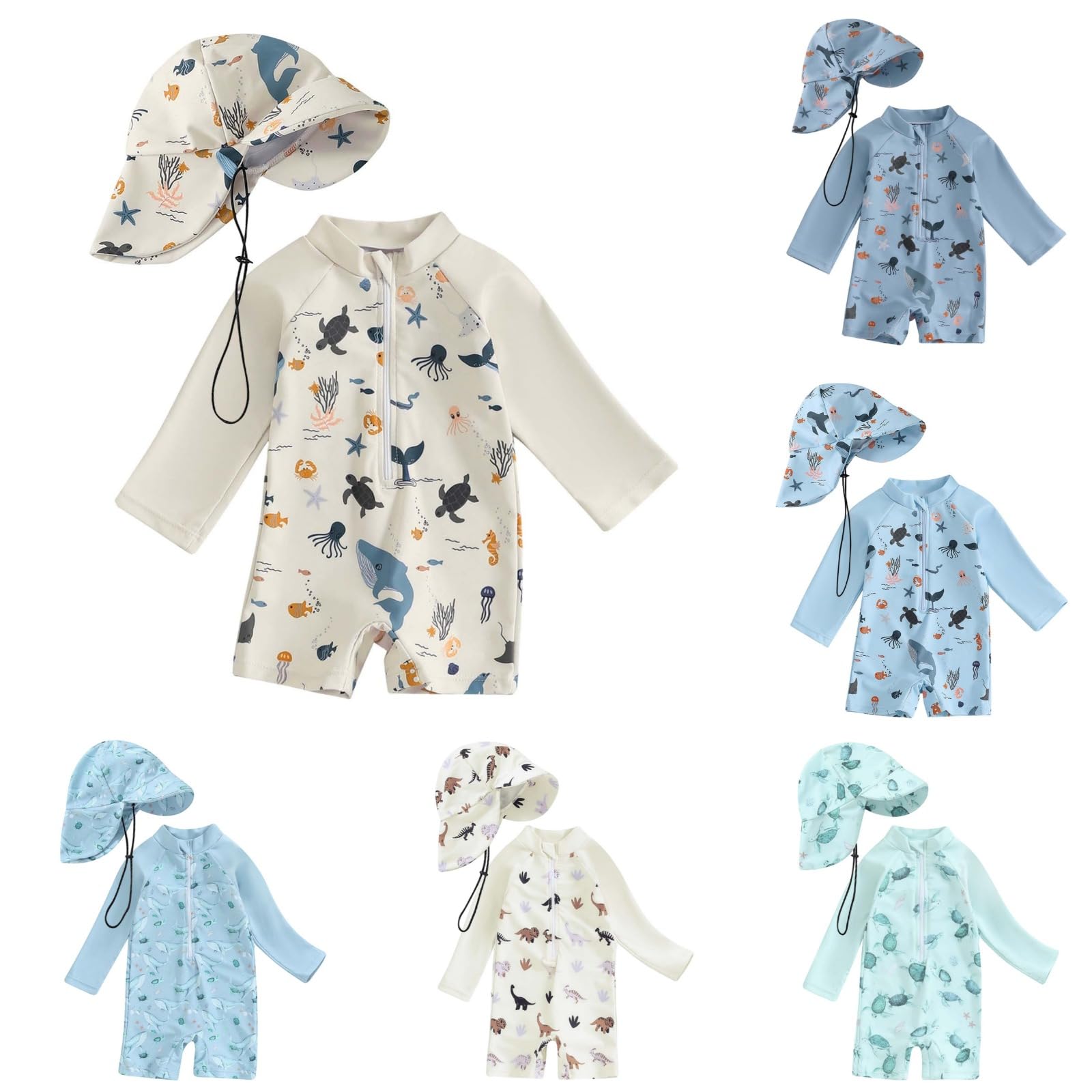 Traje de Baño para Bebé Niño Bañador Bebe Pequeños Bañador de Manga Larga con Cremallera para Niños con Gorro de Sol