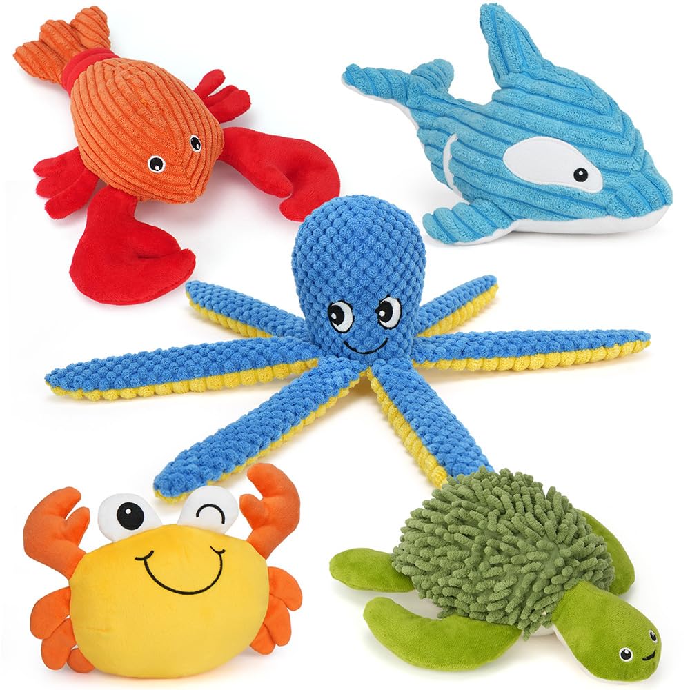 PrimePets Plush Dog Toys, 5 Pack, Soft Squeaky Dog Toy for Small and Medium Dogs Interactive Stuffed Puppy Toy (Ocean Animals) - Image 2