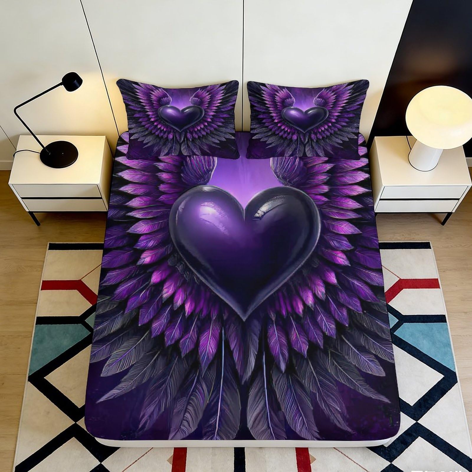 Qjzxknhpgr Style-3 3D Printed Purple Heart Wings Fitted Sheet Microfiber Slip-Resistant Bed Sheet For Bedroom Guest Room Mattress Decor 90X200x25cm