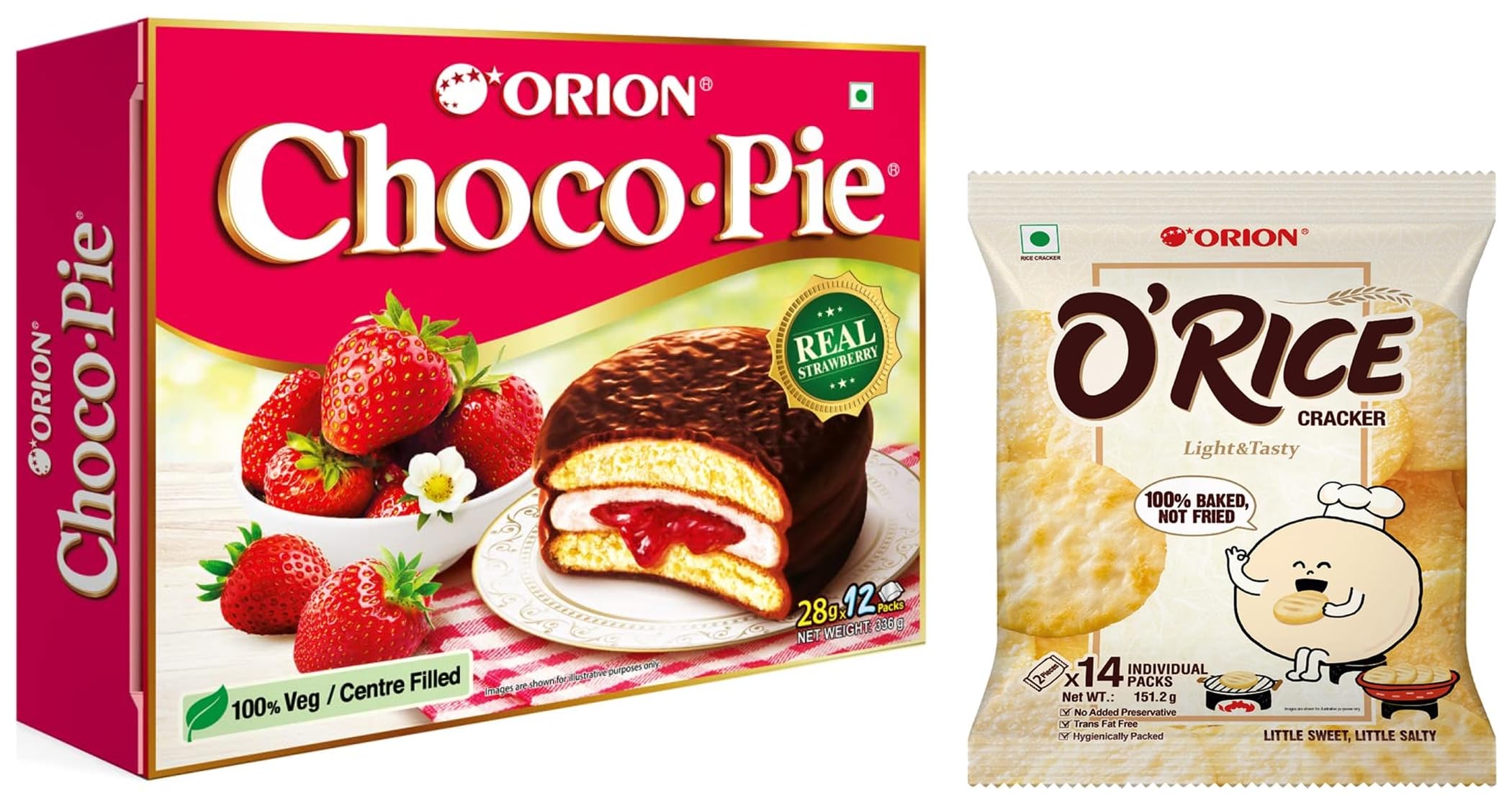 ORION Strawberry Choco Pie (12 pies)| Centre-filled Chocolate biscuit & Orion O'rice cracker - Baked Korean snack (Pack of 1)|Weekly snack pack |No added preservatives |Healthy snack
